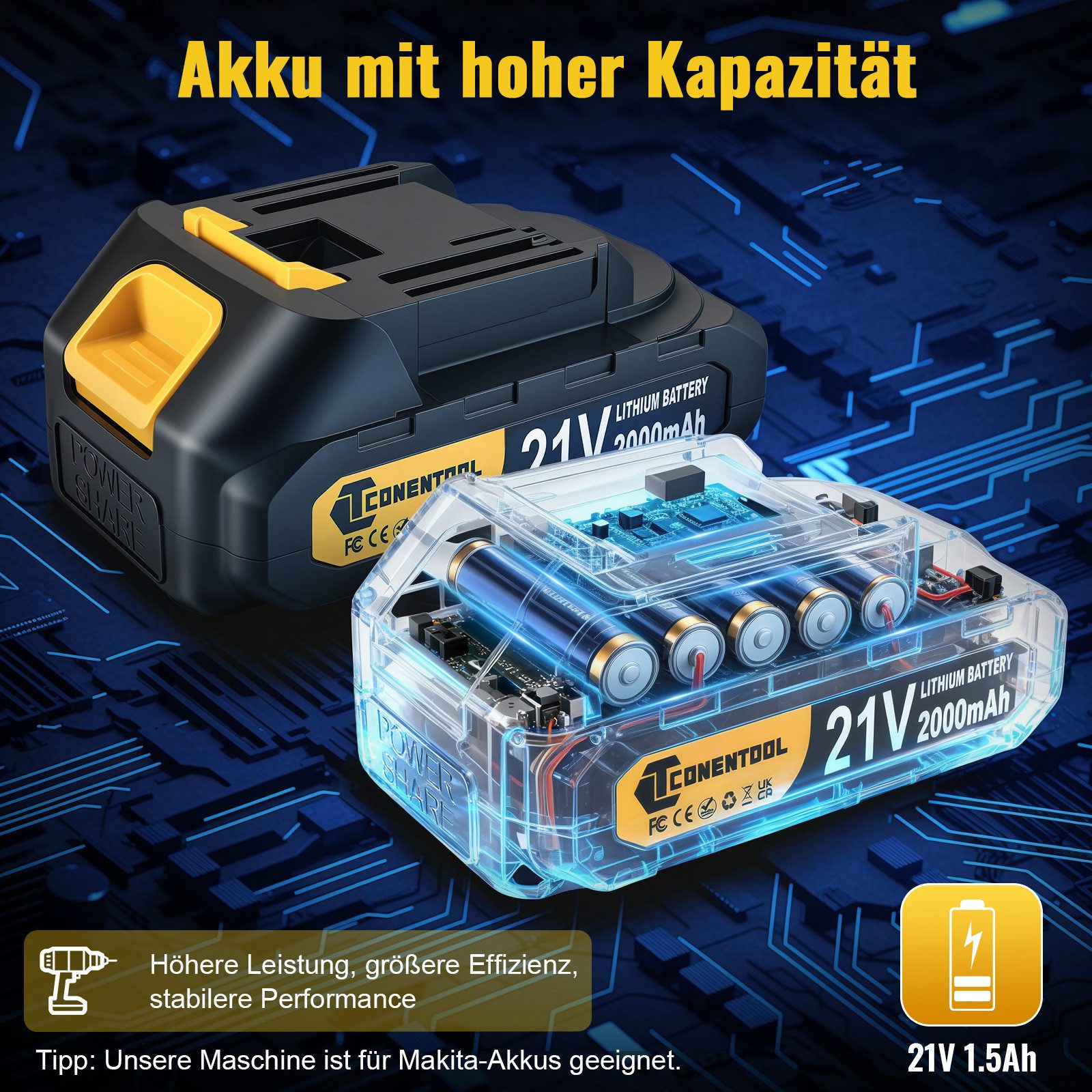 CONENTOOL Akku-Bohrschrauber Akkuschrauber Set Akkubohrer mit 60PCS Werkzeugkoffer, 21 V, max. 1800,00 U/min, (Set, 60-tlg., mit 2x 2000mAh Akkus und Ladegerät), 25+3 Drehmomentstufen, LED Licht, für Haus und DIY Projekt