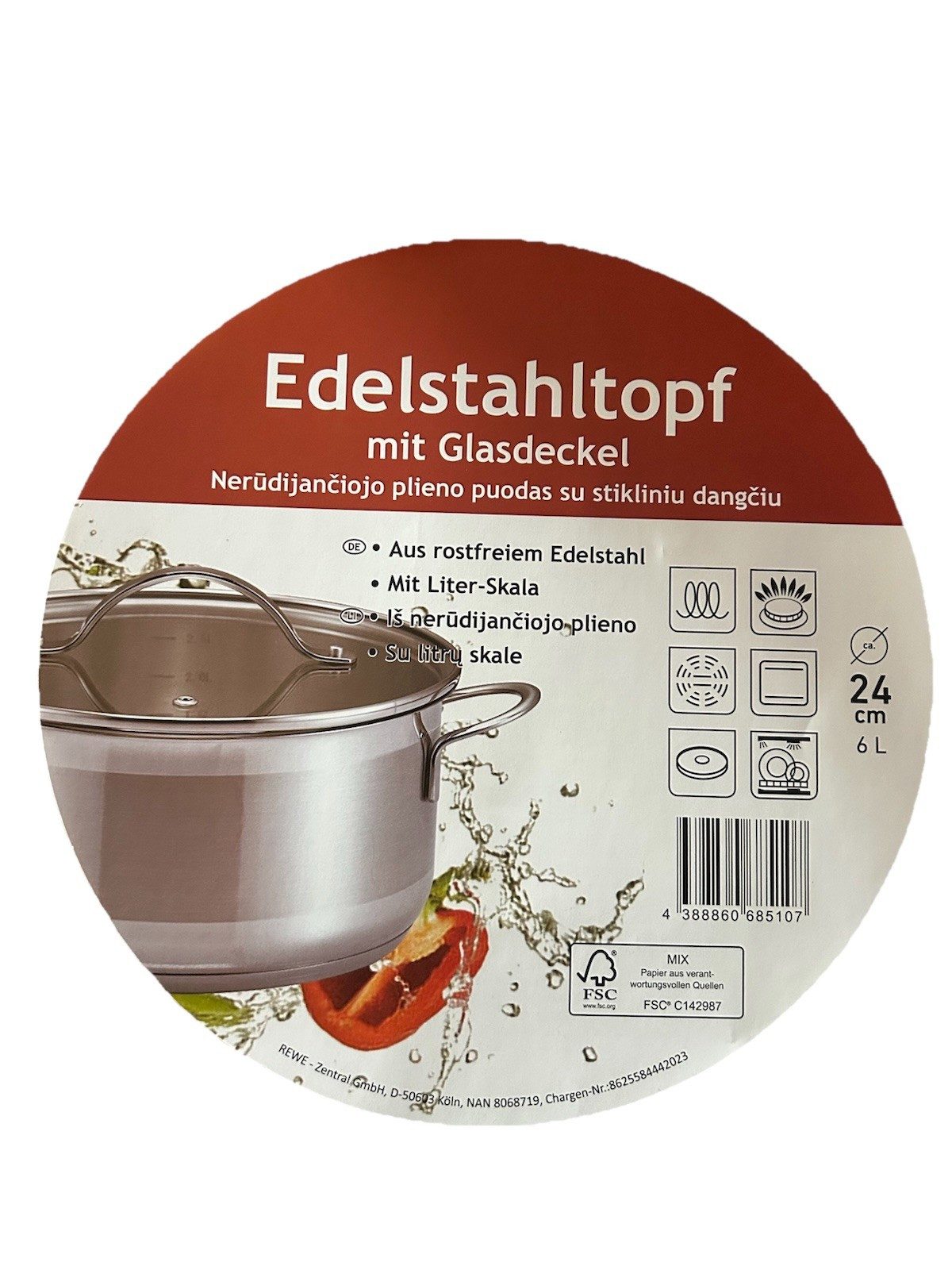 REWE Kochtopf Edelstahl Kochtopf Topf Suppentopf mit Glasdeckel Ø 24cm 6 Liter, Edelstahl