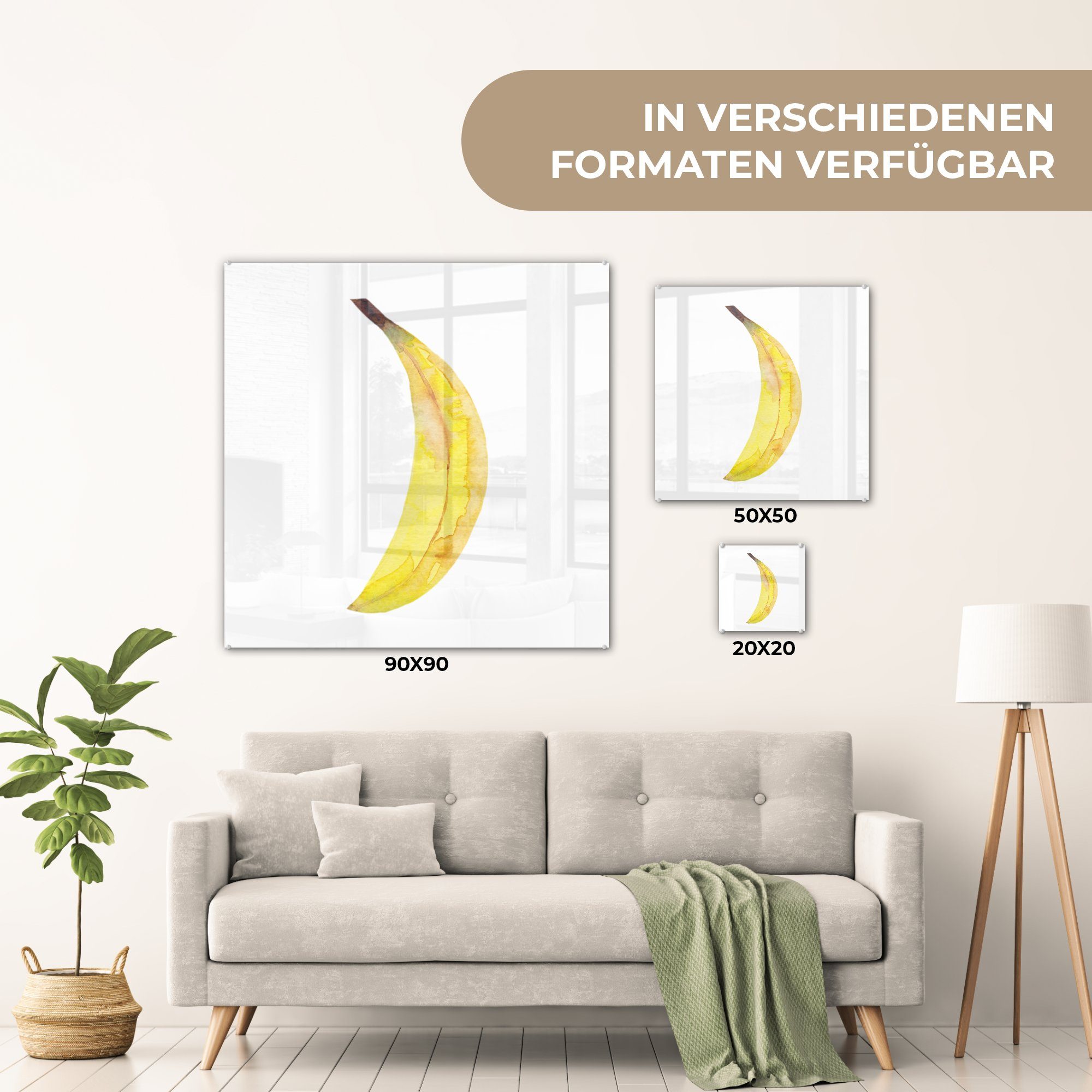 Glas - - Weiß, MuchoWow (1 Glasbilder St), Bilder - - Banane auf Acrylglasbild Aquarell Glas Wanddekoration - Foto Wandbild auf