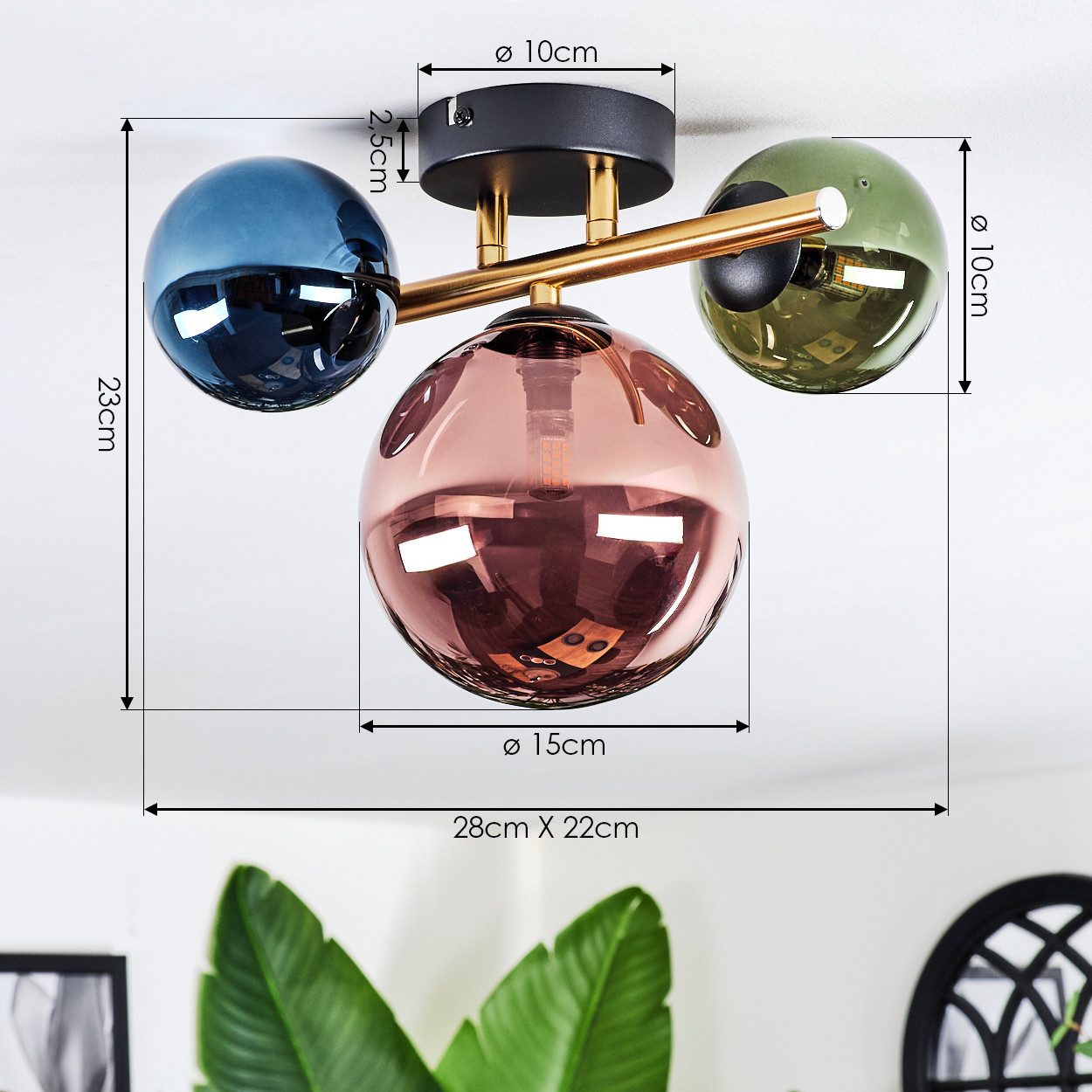 hofstein Deckenleuchte Deckenlampe aus Metall/Glas in Schwarz/Gold/Grün/Blau/Kupfer, Deckenleuchte im modernen Vintage-Design (Schirme Ø 10; 15 cm), 3 x G9