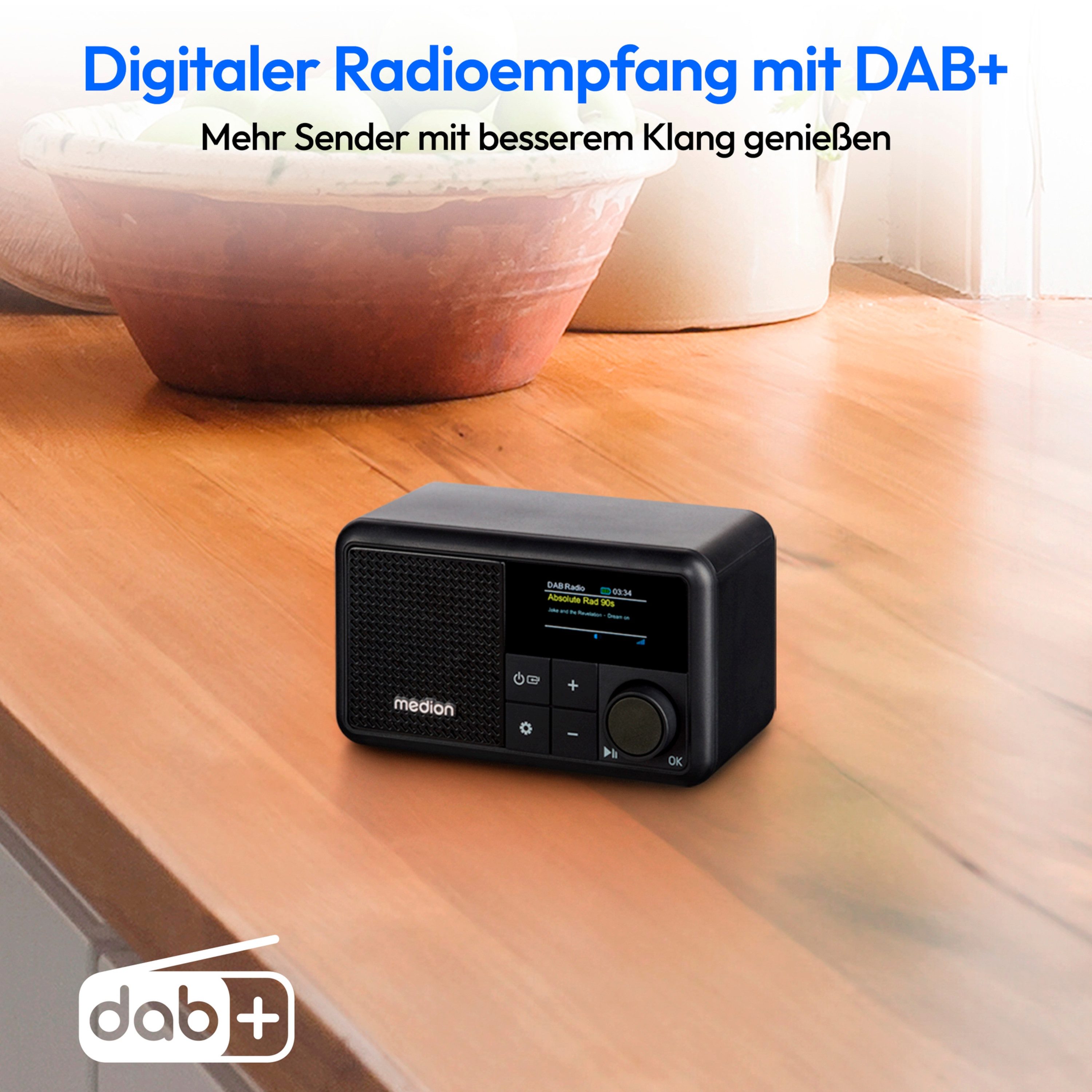 Medion® Tragbares DAB+ Radio MEDION® LIFE® S66822 (MD44822) Radio (MW/UKW, AM/FM, DAB+, RDS, 2 W, ca. 6,5 Akkulaufzeit, Farb-TFT-Display, Bluetooth® 5.3, IPX1-Schutz)