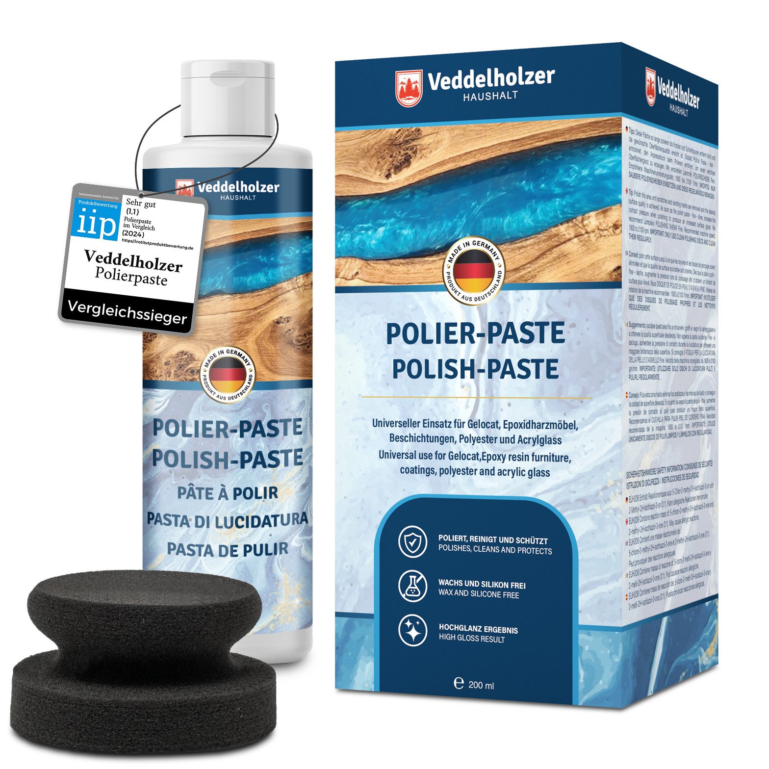Veddelholzer 200ml Polierpaste + Polierschwamm Epoxidharz Möbel, Tisch, Acrylglas Politur (Politur mit Polierschwamm in Schwarz, Polyester, Gelocat, Glasfaser, Carbonfaserverstärkte Kunststoffe), Hochglanz
