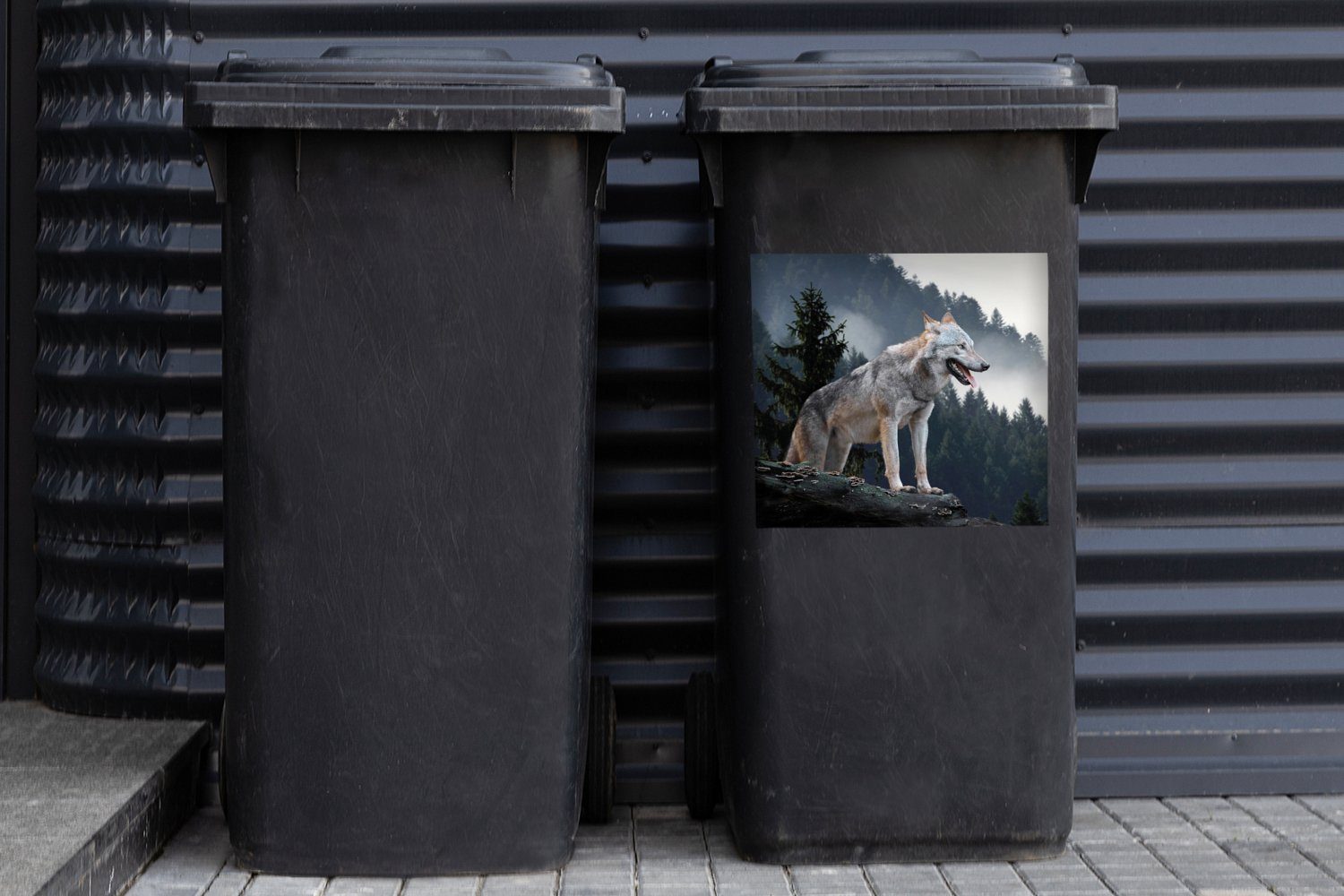 Wandsticker Mülleimer-aufkleber, St), Tier Abfalbehälter Wolf Container, - Wald MuchoWow - Mülltonne, Sticker, (1