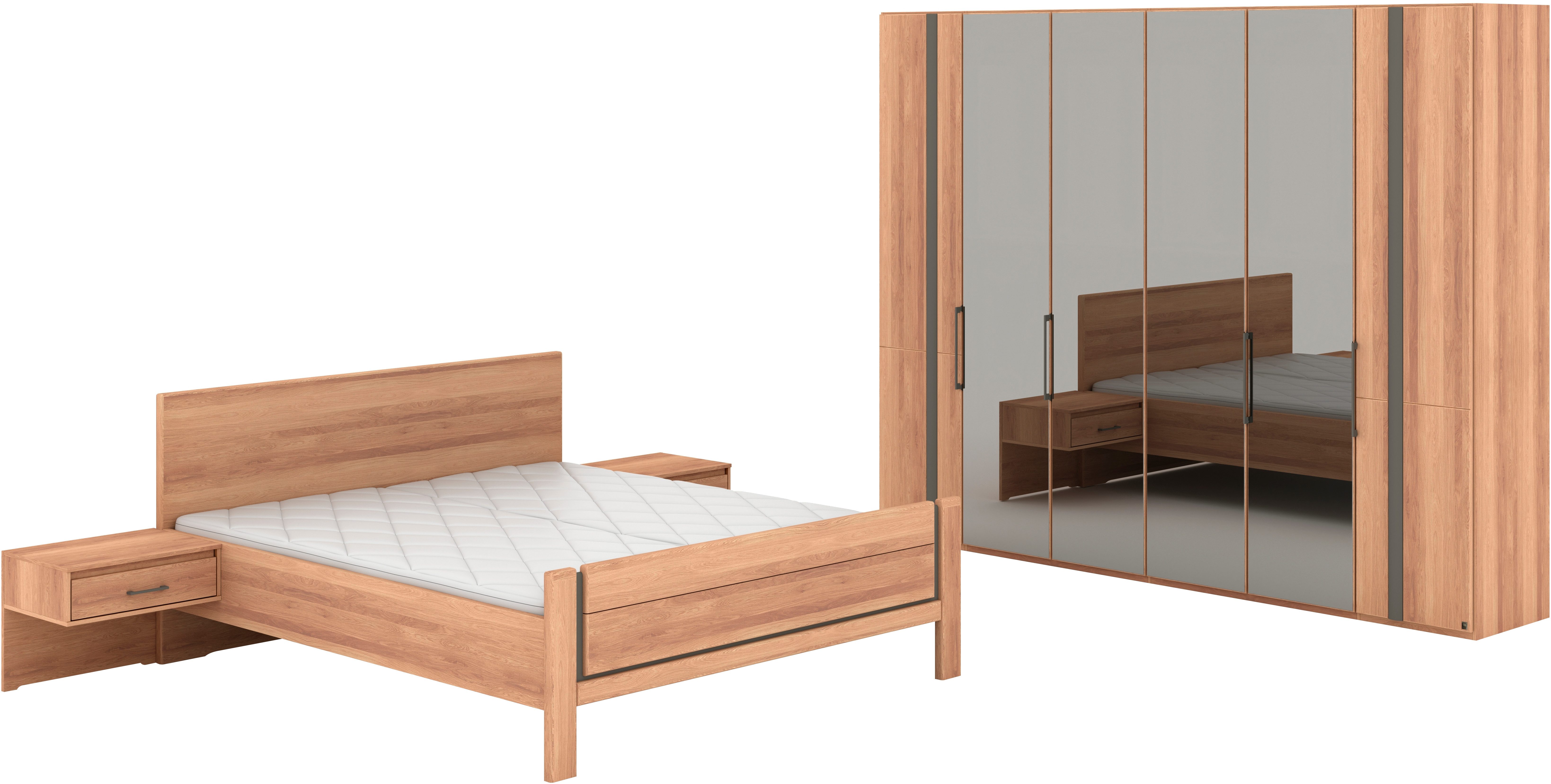 Musterring Schlafzimmer-Set Sorrent, Kleiderschrank, Bett & Nachtkommoden, teilmassiv Eiche, (2er-Set Nachtschränke, Drehtürenschrank 300 cm, Bett 180x200 cm), Bett mit Stollenfuß, Eiche teilmassiv, Spiegeltüren in Parsol-Bronze