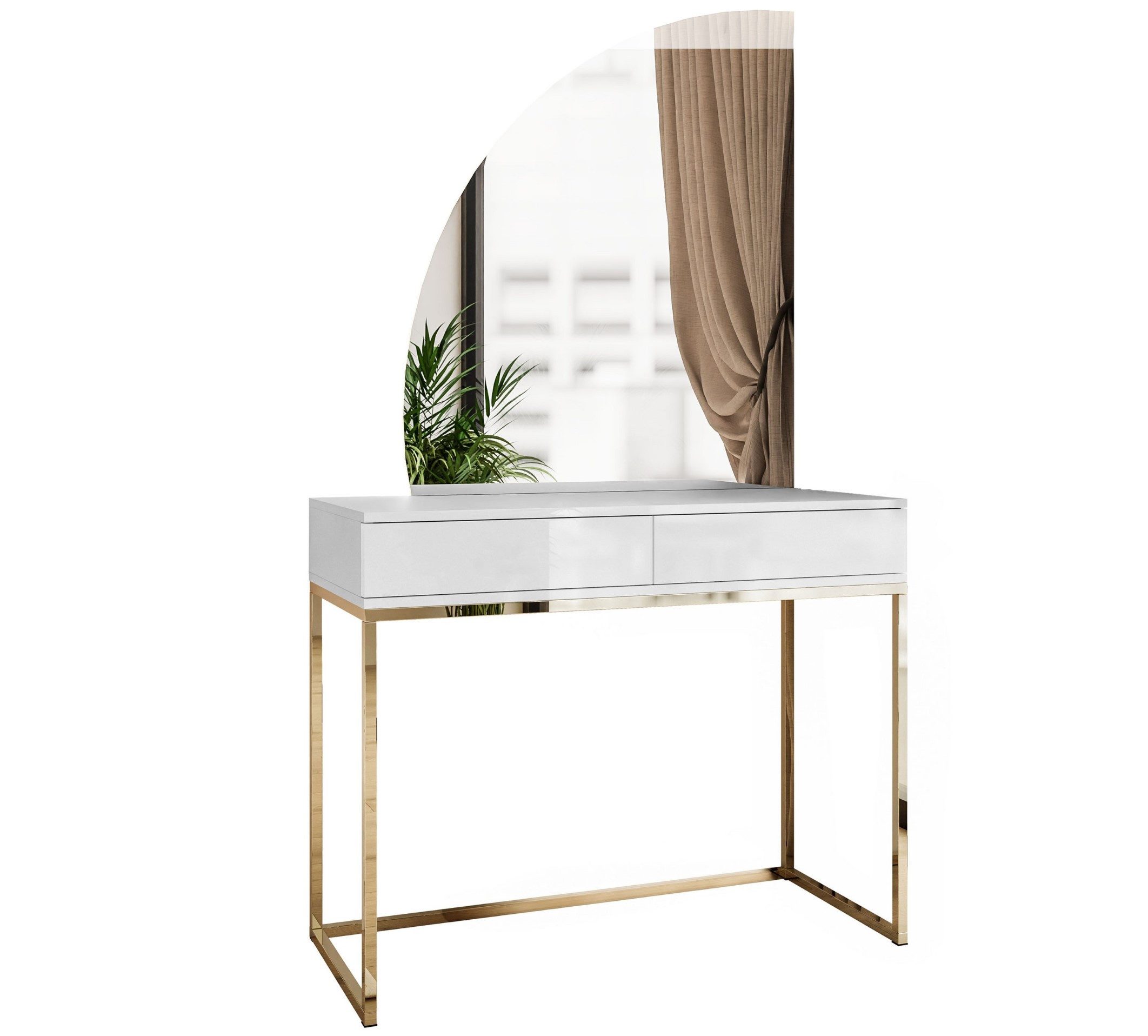 ALLHOUSE24 Schminktisch BUENO MOND Metallgestell Gold Kosmetiktisch Halbmond Spiegel Led (1x Konsolentisch, 1x Spiegel mit LED Beleuchtung), Breite 100 cm