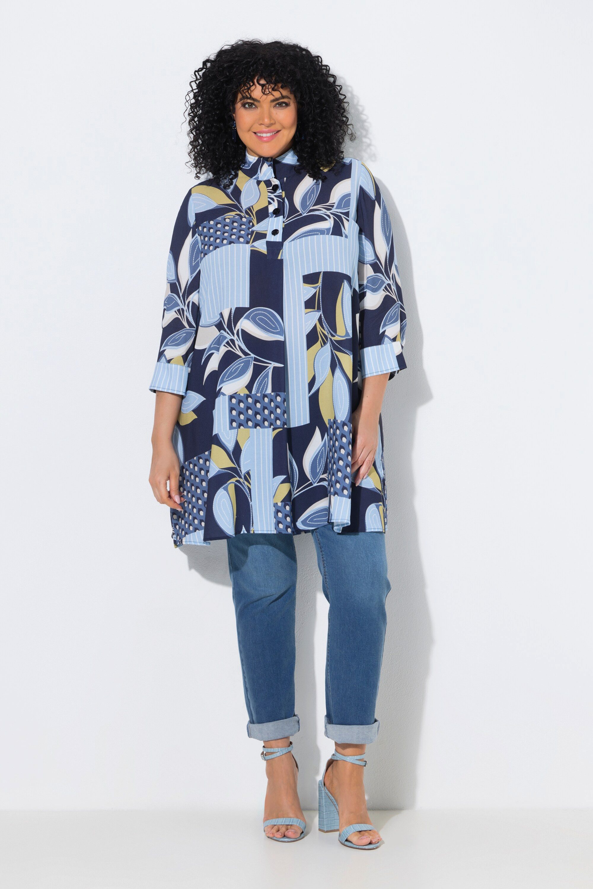 Ulla Popken Tunika Tunika Patch-Muster A-Linie Stehkragen 3/4-Arm