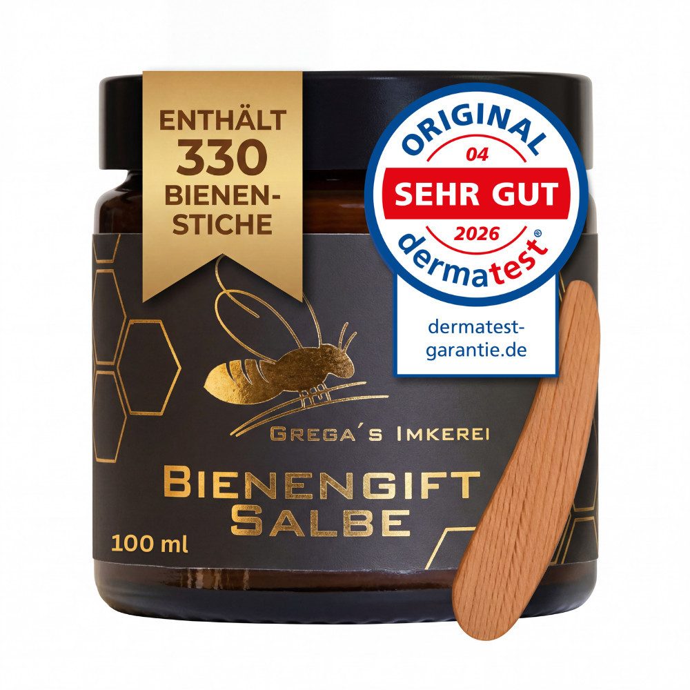 Grega´s Imkerei Körpercreme Bienengiftsalbe 100 ml - Derma Test „Sehr gut“ inkl. Massivholz Cremespatel, 1-tlg., Hochkonzentrierte Muskel- und Gelenkpflege mit ca. 330 Bienenstichen