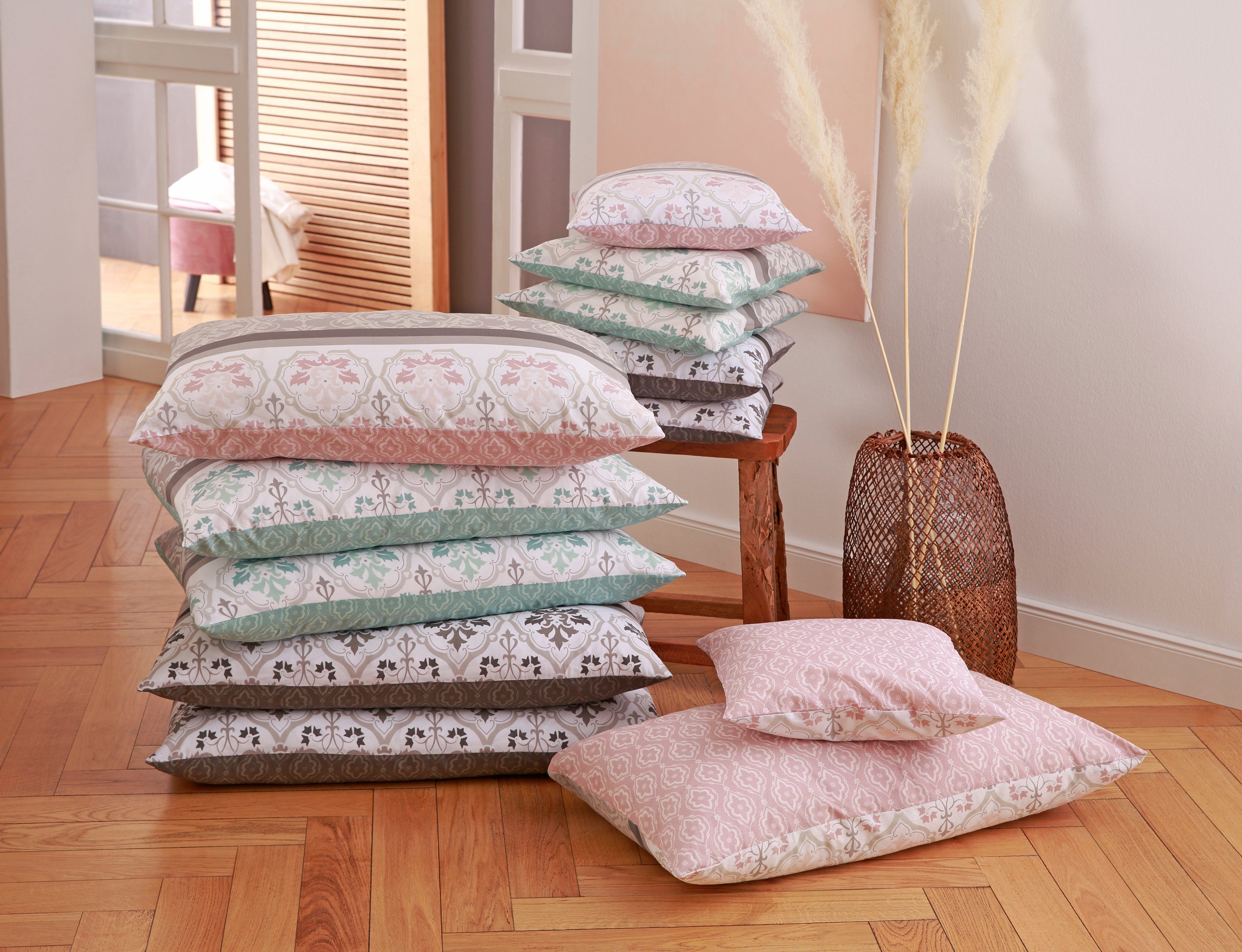 Kissenbezüge Cremona, Home affaire floraler zertifiziert geeignet für OEKO-TEX® Kinder, Stück), grau/rosa Kissenbezug, (2