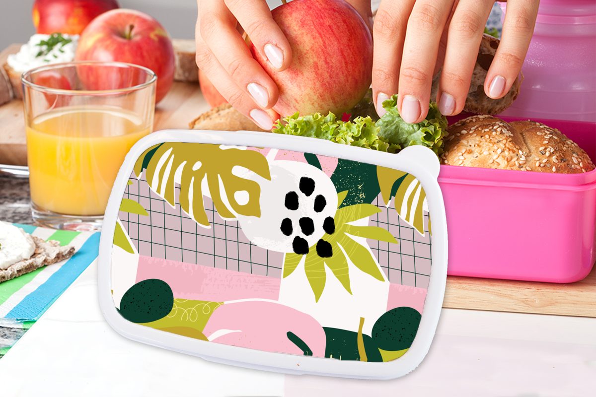 MuchoWow Lunchbox Tropische Pflanzen - Snackbox, Rosa - - für Muster, Mädchen, Gelb Brotdose Erwachsene, Brotbox Kunststoff Kinder, Kunststoff, (2-tlg)