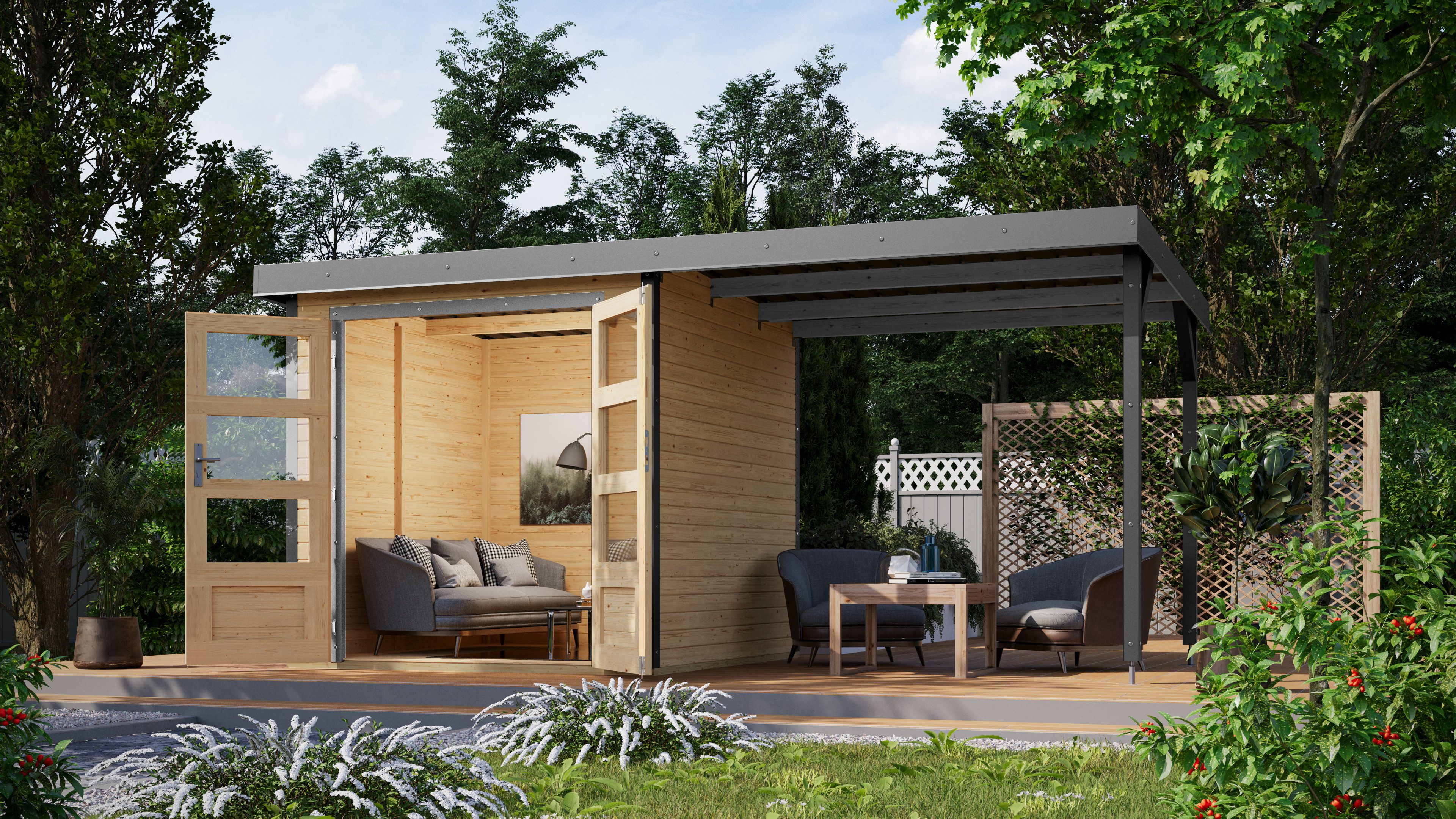 Karibu Gartenhaus Jupiterino 2 SET, in verschiedenen Farben, BxT: 453x235 cm, (Set), inkl. Anbaudach