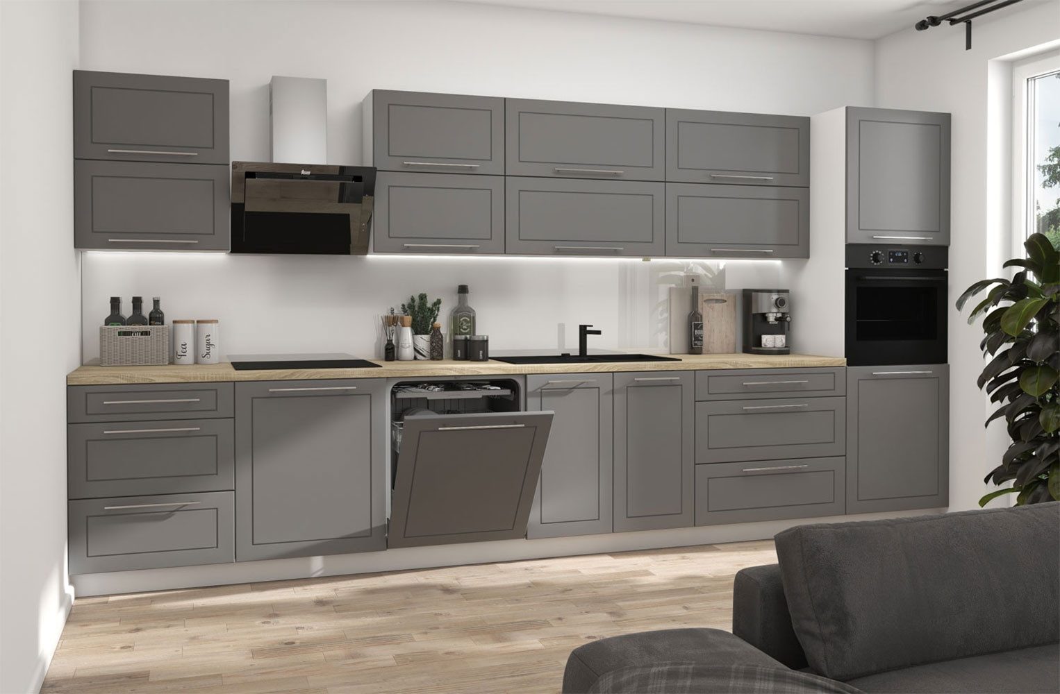 Feldmann-Wohnen Küchenzeile Kvantum, (Schubladen mit Vollauszug + Selbsteinzug (REJS Comfort Box), 400x59x207cm Korpus weiß / Front dust grey matt, mit Arbeitsplatte