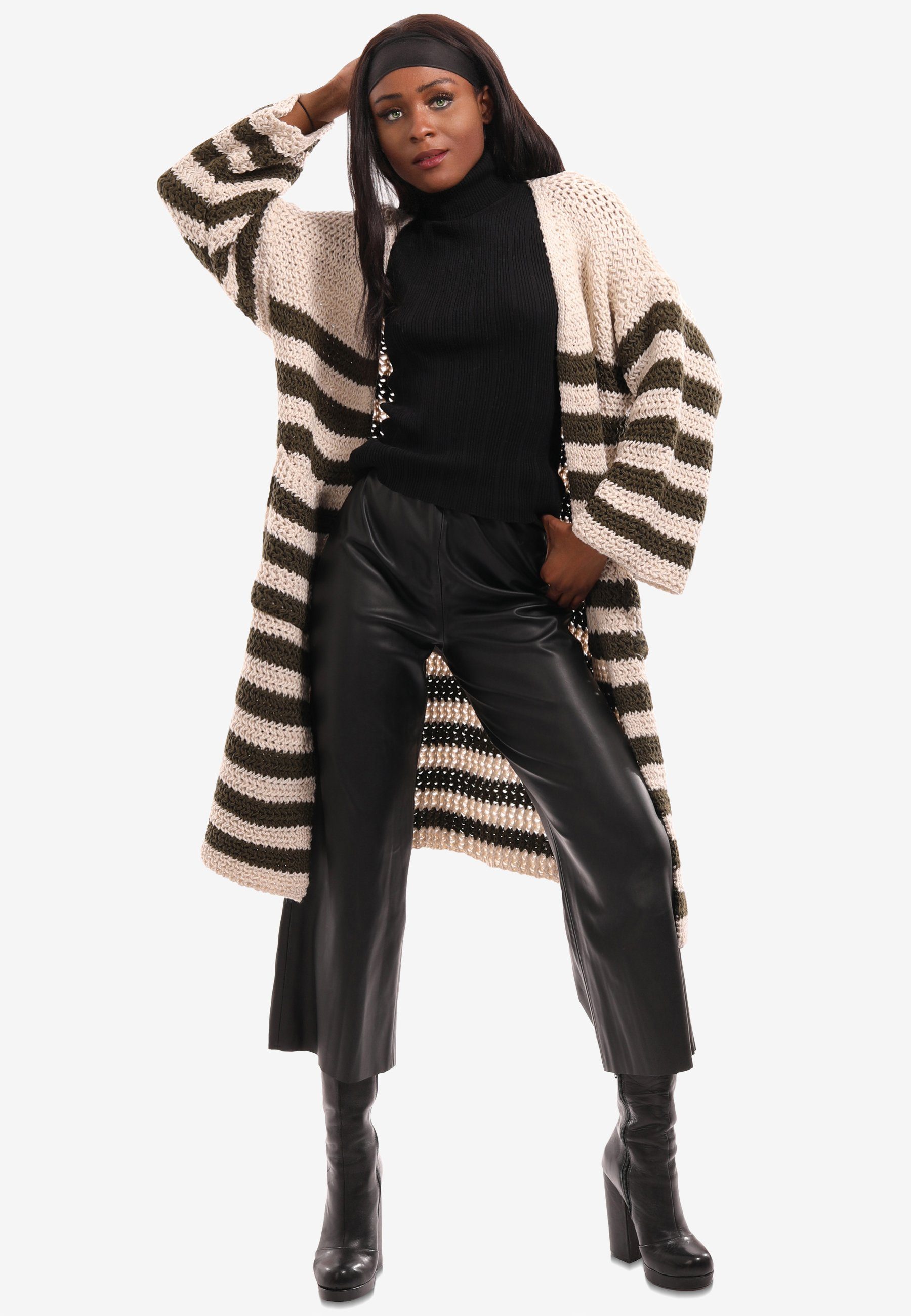 YC Fashion & Style khaki "Striped XXL-Einschubtaschen Unifarbe Cardigan in Comfort" mit (1-tlg)