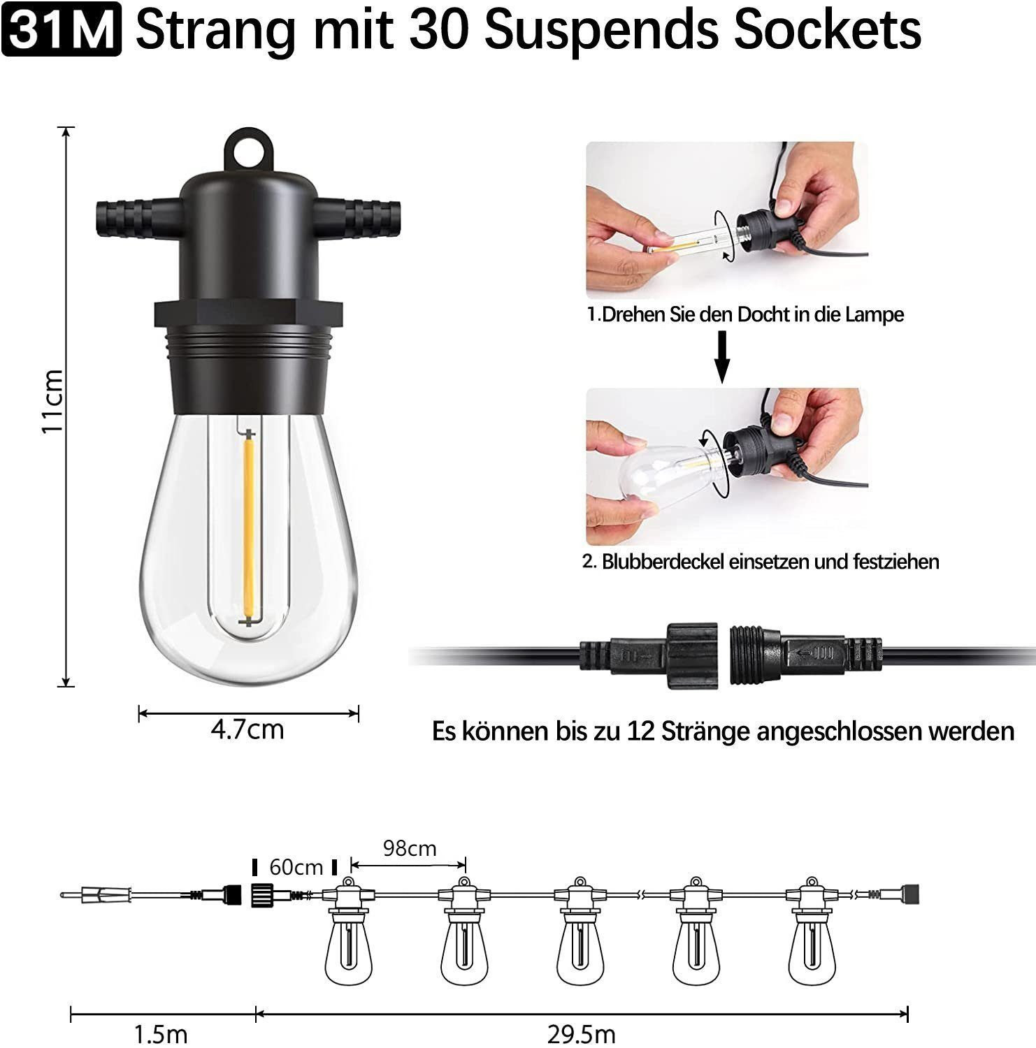 Quntis Lichterkette outdoor strom 16/31m led lichterkette für außen erweiterbare, lichtkette terasse Balkonlampen Gartenlampen biergarten lichterketten – Bild 5 von 5