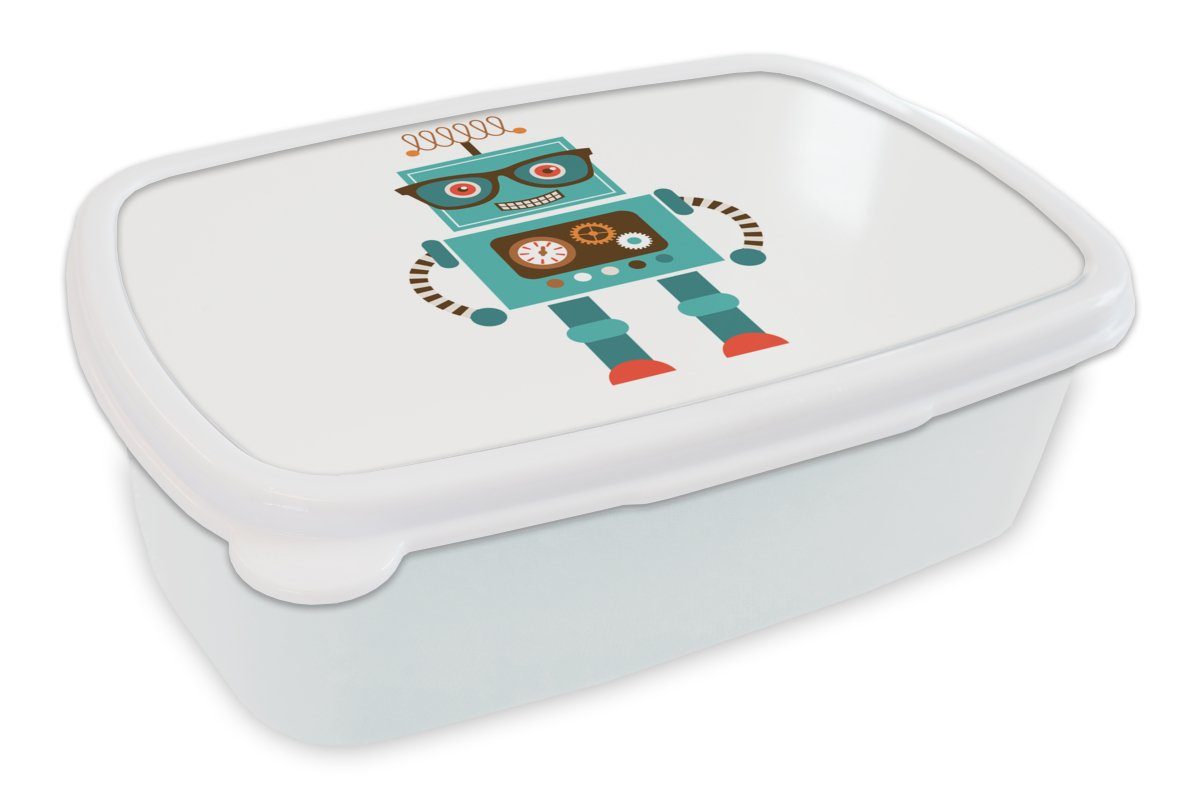 MuchoWow Lunchbox Roboter - Schutzbrille - Zahnräder - Gesicht - Jungen - Kinder, Kunststoff, (2-tlg), Brotbox für Kinder und Erwachsene, Brotdose, für Jungs und Mädchen weiß