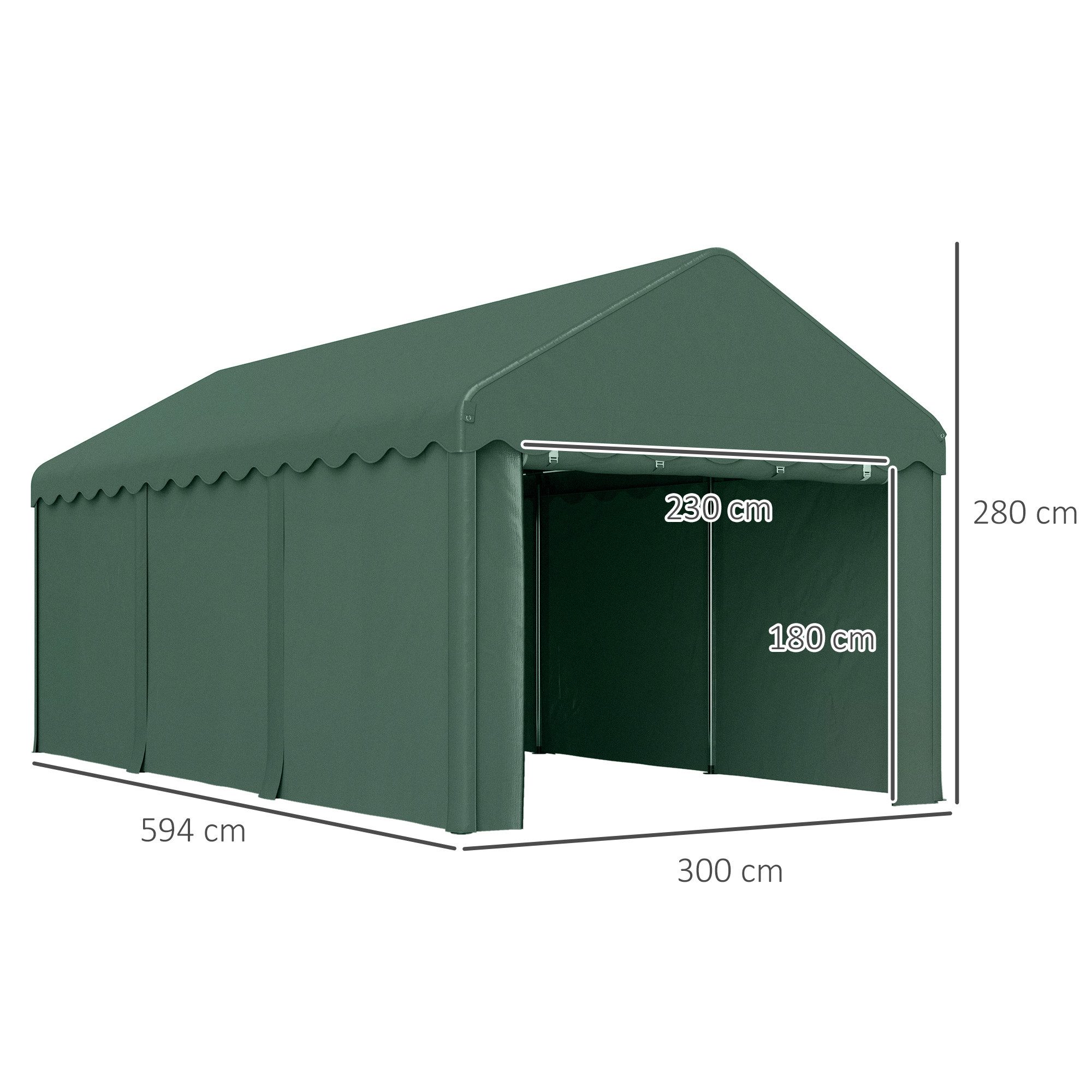Outsunny Einzelcarport mit Rolltüren, Dach, abnehmbaren Seitenwänden, BxT: 594x300 cm, 280 cm Einfahrtshöhe, (Zeltgarage, 1 St., Carport), UV-beständig, wasserdicht, für Auto, LKW, SUV, Boot, Grün