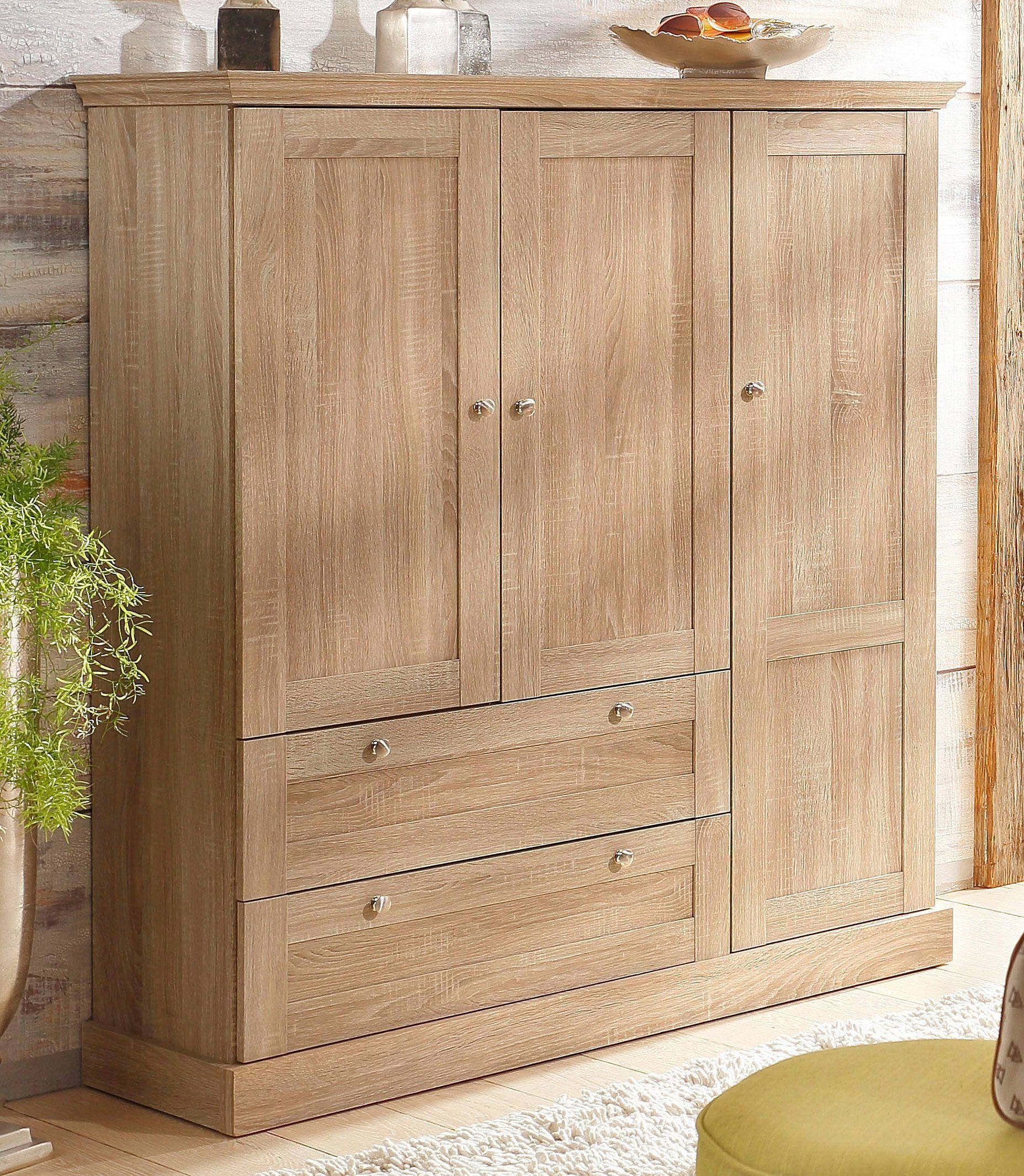 OTTO home Kleiderschrank Binz, Wäscheschrank, Mehrzweckschrank, skandinavischer Landhausstil (B/H/T ca. 122/130/35 cm) viele Stauraummöglichkeiten, Metallgriffe, Türen mit Rahmen/ Kassetten