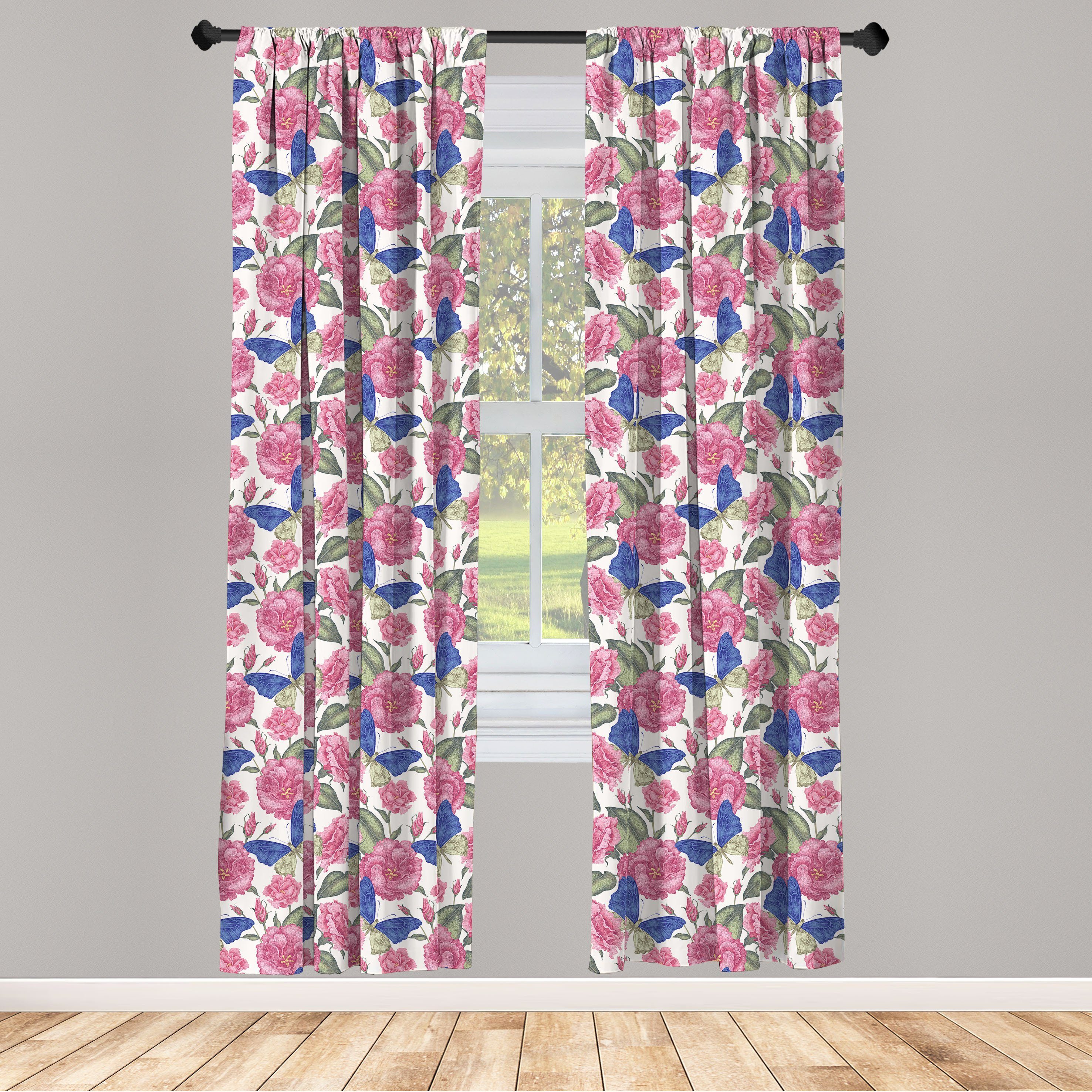 Gardine Vorhang für Wohnzimmer Schlafzimmer Dekor, Abakuhaus, Microfaser, Garten-Kunst Schmetterlinge Rosa Blumen