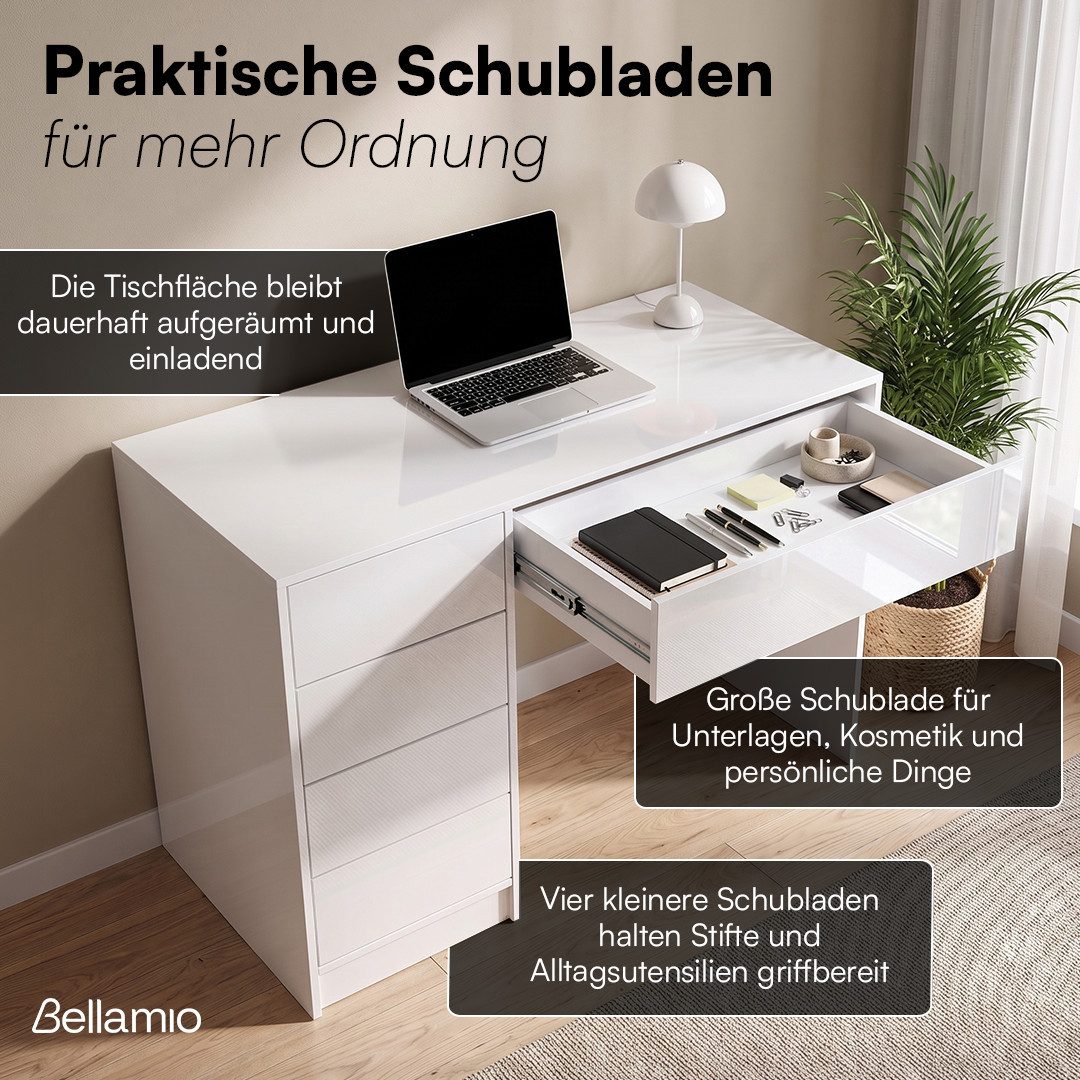 Bellamio Schreibtisch Livny mit 5 Schubladen beidseitig montierbar (Push-To-Open, weiß), 80x53x110 cm, auch verfügbar mit Spiegel