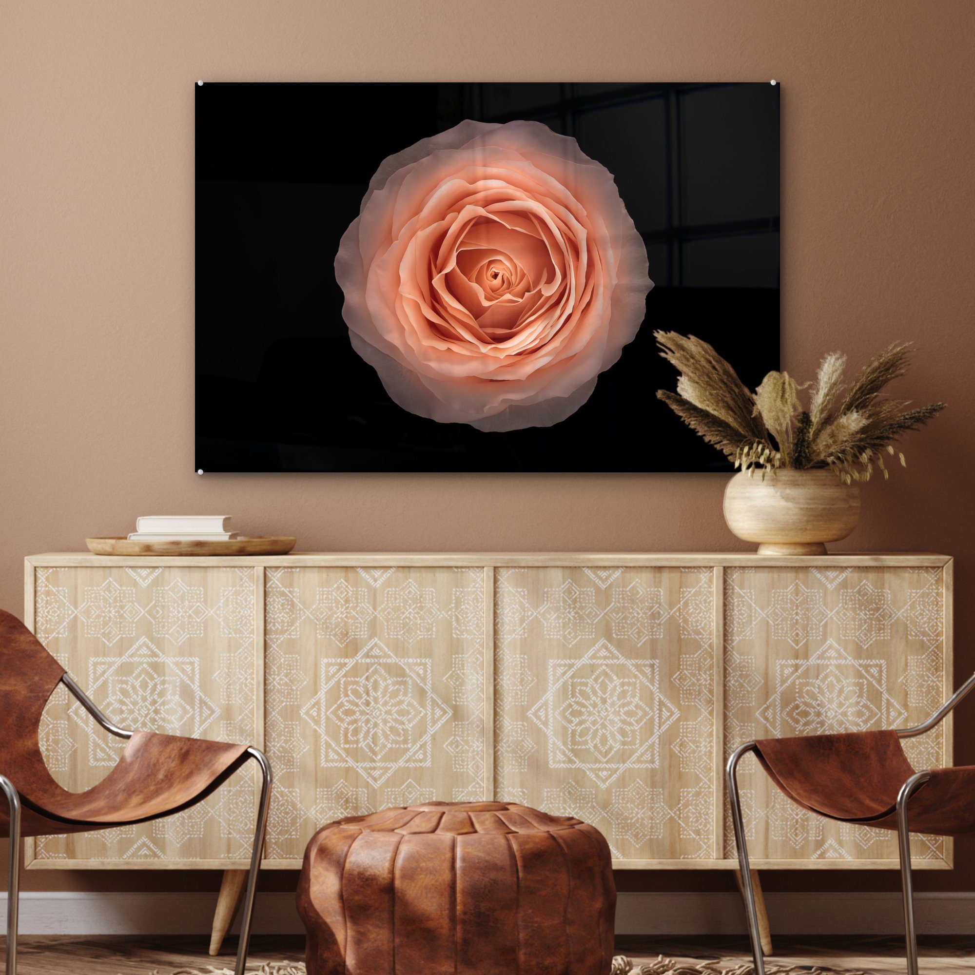 MuchoWow Acrylglasbild auf Form von St), Wohnzimmer Rosa (1 Ansicht schwarzem oben, Acrylglasbilder Hintergrund, Runde Schlafzimmer & Blume