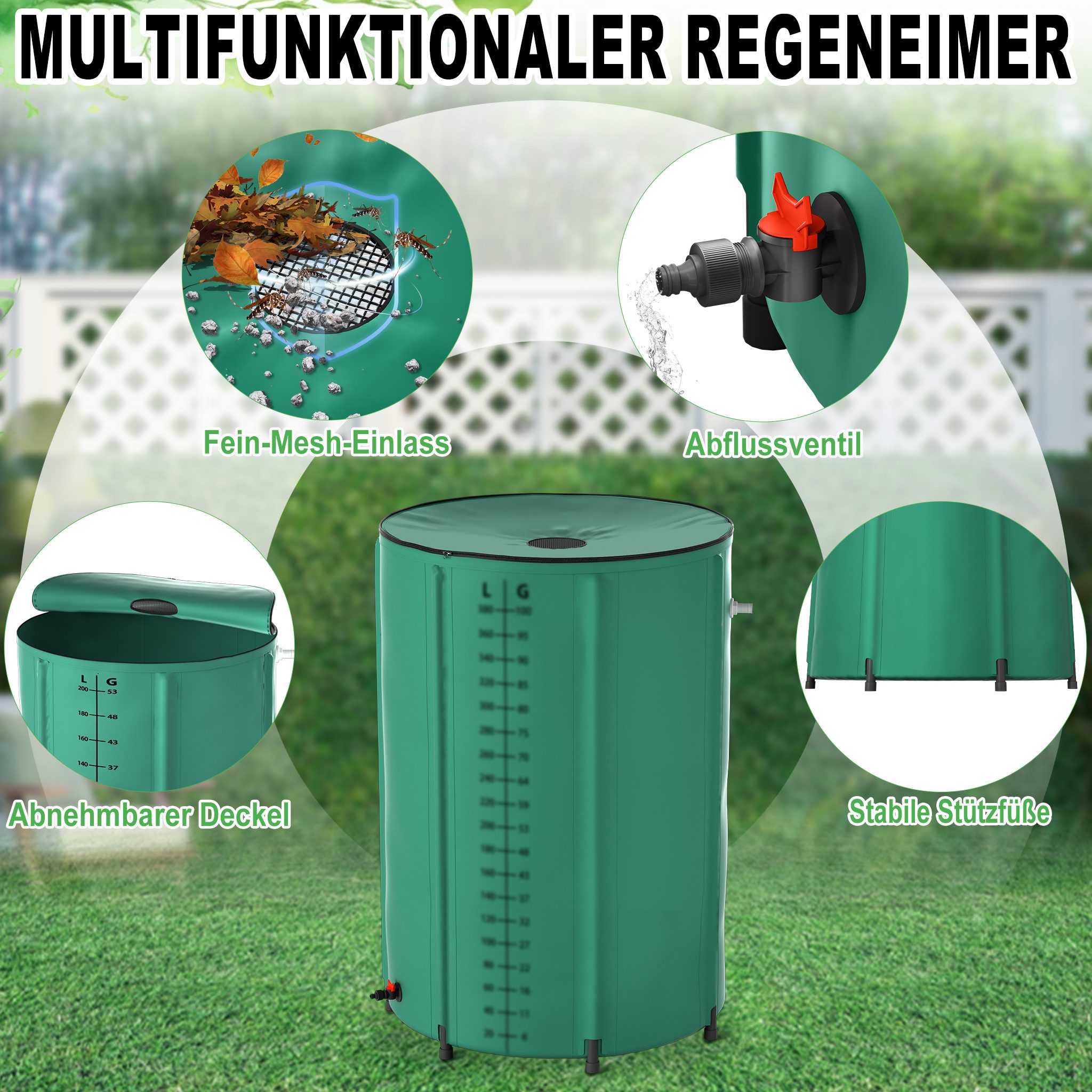 FIVMEN Regentonne Faltbare Regenwassertonne 200 L Regenwassertank Wassertank Regenfass, 200 l, Wasserauffangbehälter mit Wasserhahn, Skala, Ablauf von Regenwasser