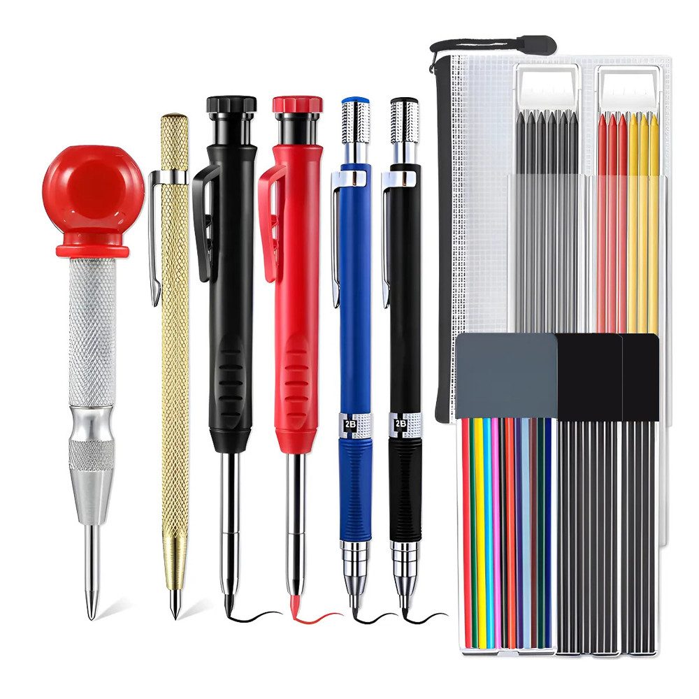 AFKSMILE Druckbleistift 4 Stück Tischler Bleistifte Set, Zimmermannsbleistifte mit 42 Minen, (49-tlg), Automatisches Körner & Hartmetall Anreißwerkzeug, Robuster Baubleistift