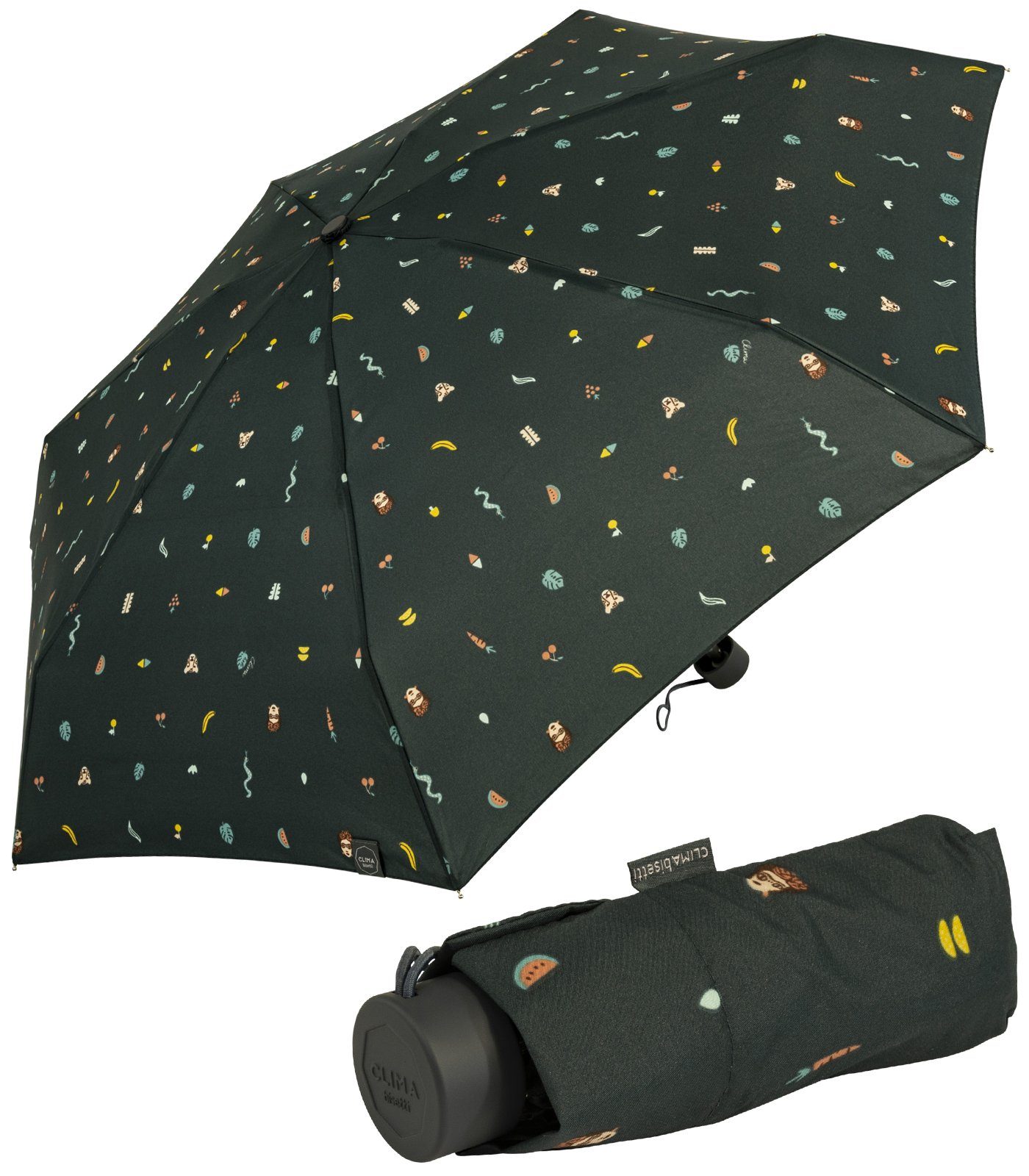 bisetti Taschenregenschirm Damen-Regenschirm, mit klein, petrol Handöffner, - Tropen-Dschungel-Motiven mit kompakt, farbenfroh stabil