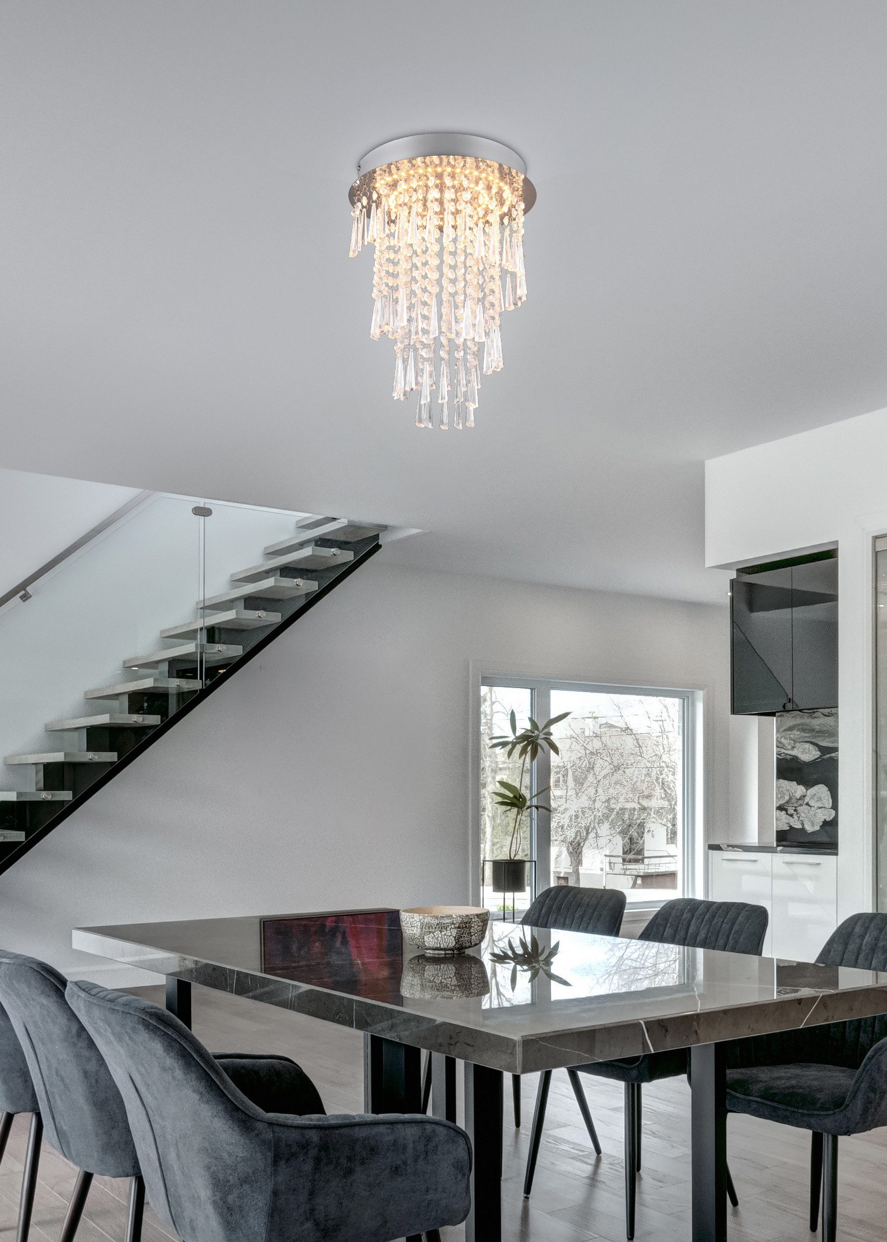Reality Leuchten LED Deckenleuchte POMP, LED Deckenlampe 18W 2400 Lumen CCT 2700-6500K Ø 30cm H.40cm, CCT - über Fernbedienung, Dimmfunktion, Memoryfunktion, mehrere Helligkeitsstufen, LED fest integriert, Farbwechsler, warmweiß - kaltweiß, chromfarbige Deckenleuchte mit glitzerndem Acryl Behang, Fernbedienung