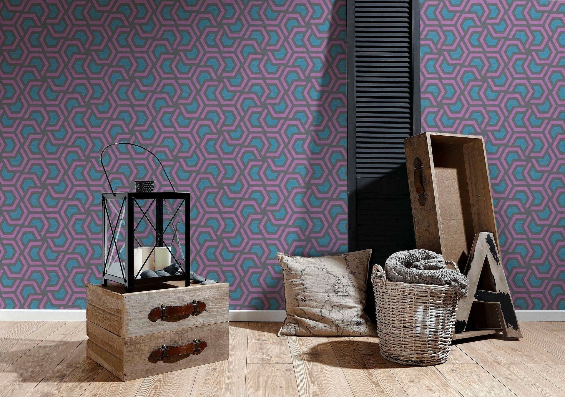 grafisch living Linen Style, geometrisch, Vliestapete walls Création A.S. violett/grau/blau