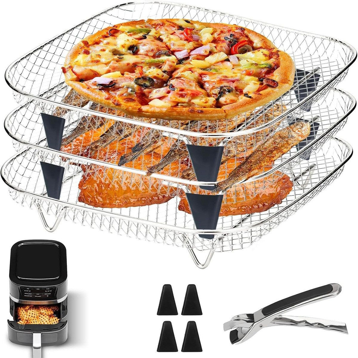 Novzep Airfryer-Grillrost Airfryer Zubehör Set 3-lagiger Gitterrost für Heißluftfritteuse (3-St), Ölablauf- & Grillgestell, lebensmittelecht & robust