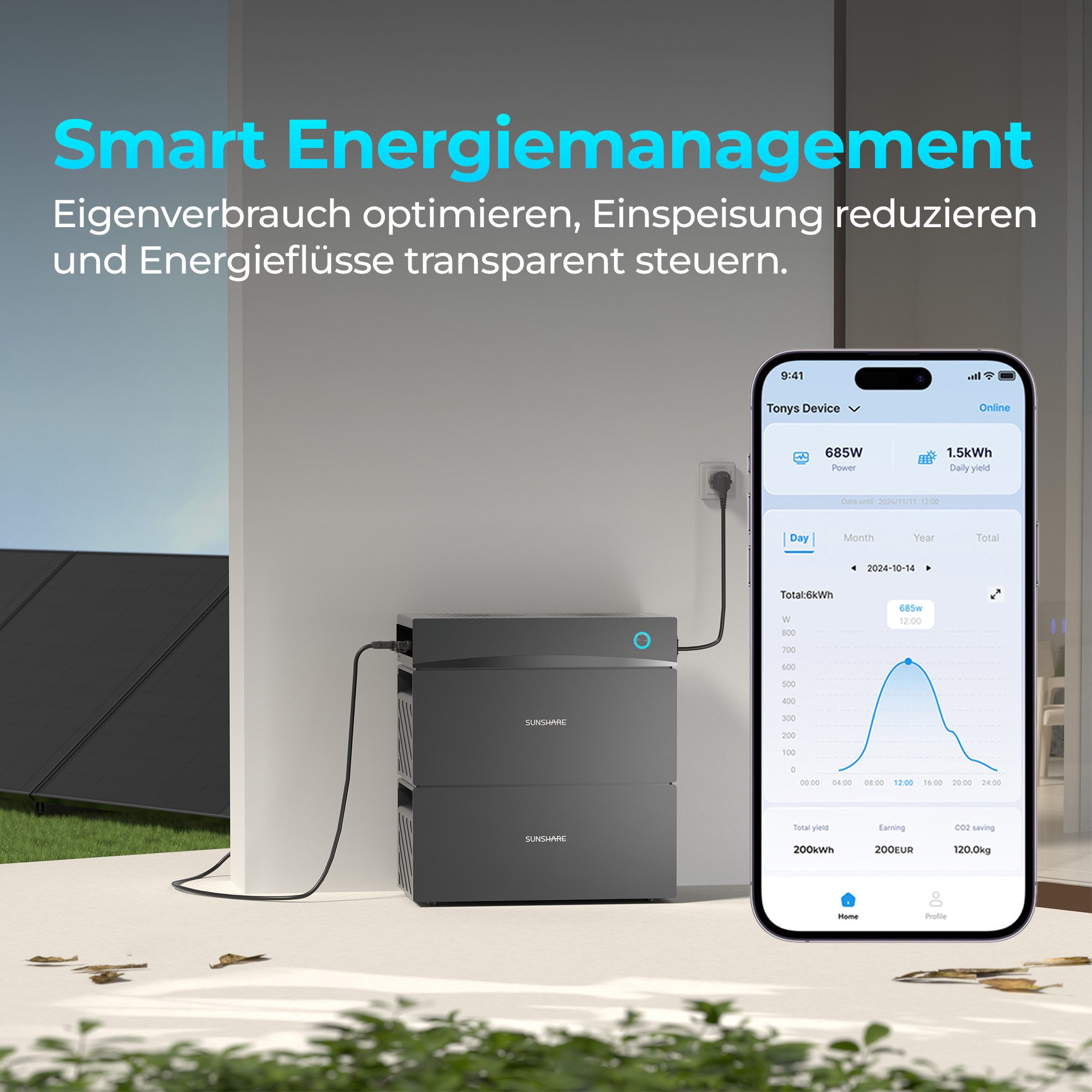 Sunshare Balkonkraftwerk Ray Lite Balkonkraftwerk Set 600 W (3x200W) + 1,5 kWh Stromspeicher, 600 W, Monokristalline N-Typ TOPCon, (Balkonkraftwerk-Set, 1-St., 3 Ray Lite Solarmodule, 3 Universalhalterungen und 1 Glory Speicher), App-Steuerung, Smart-BMS, IP65-Schutz und wetterfestes Design
