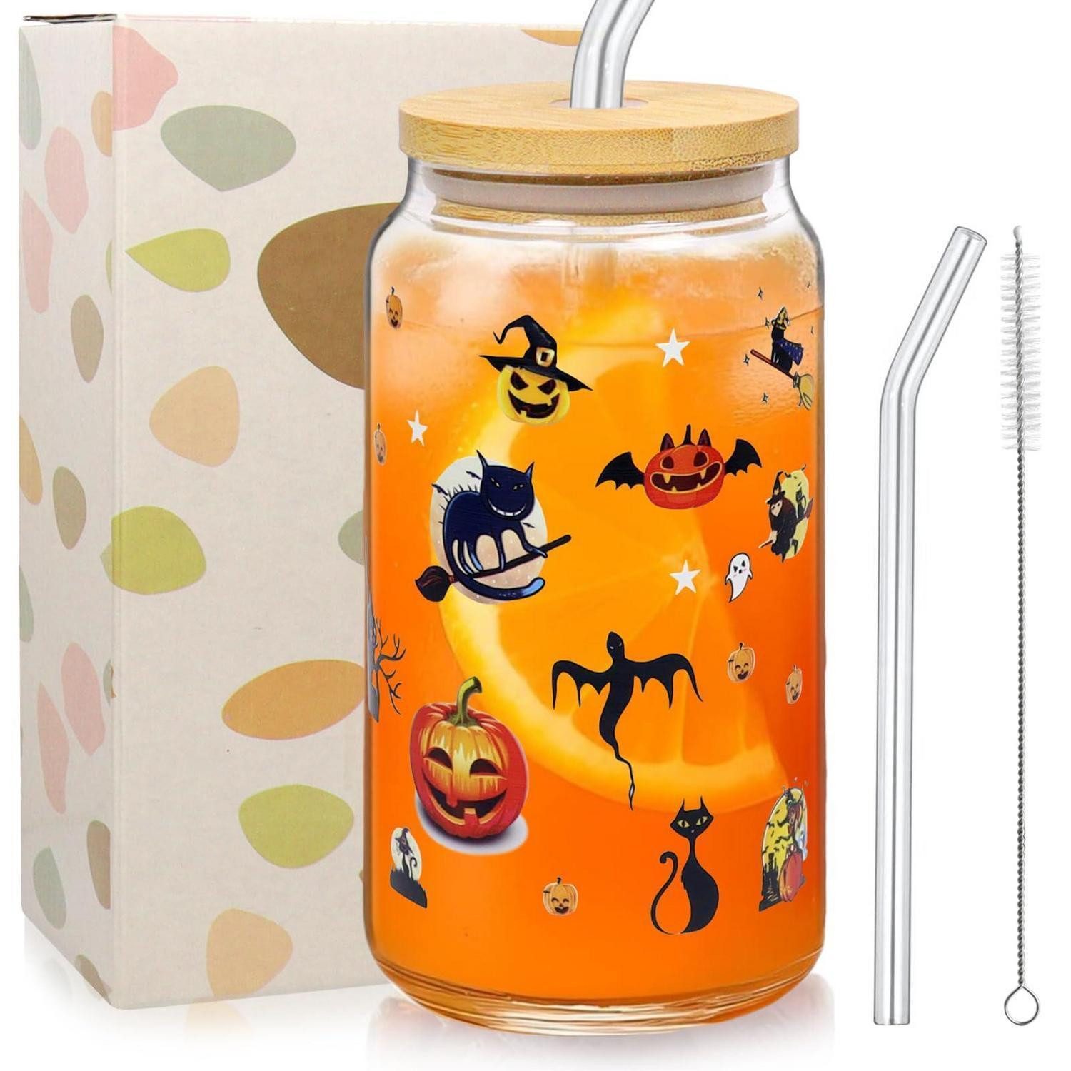 LuxusKollektion Becher Halloween Glas Trinkbecher Kürbis 500ml mit Deckel