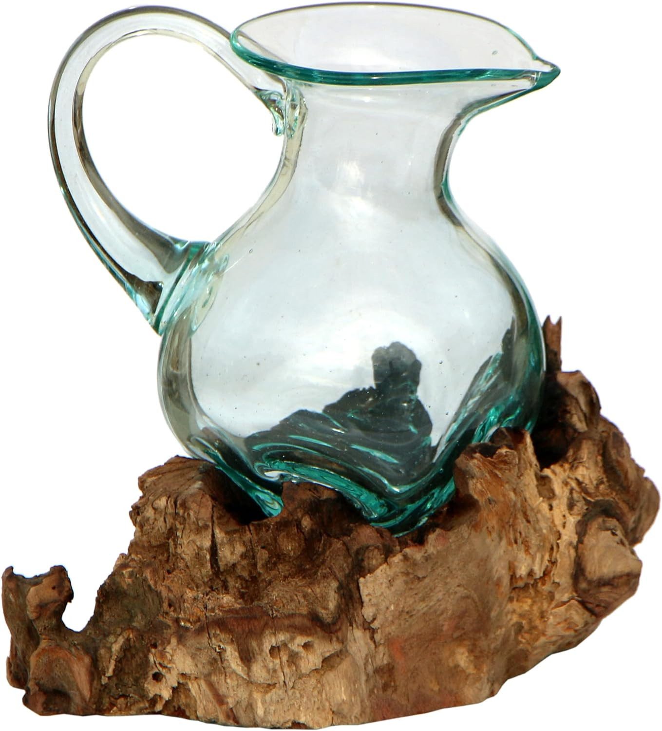 Wogeka Wasserkrug Glas-Krug auf Wurzelholz Kanne Teakholz Gamal Bali Vase