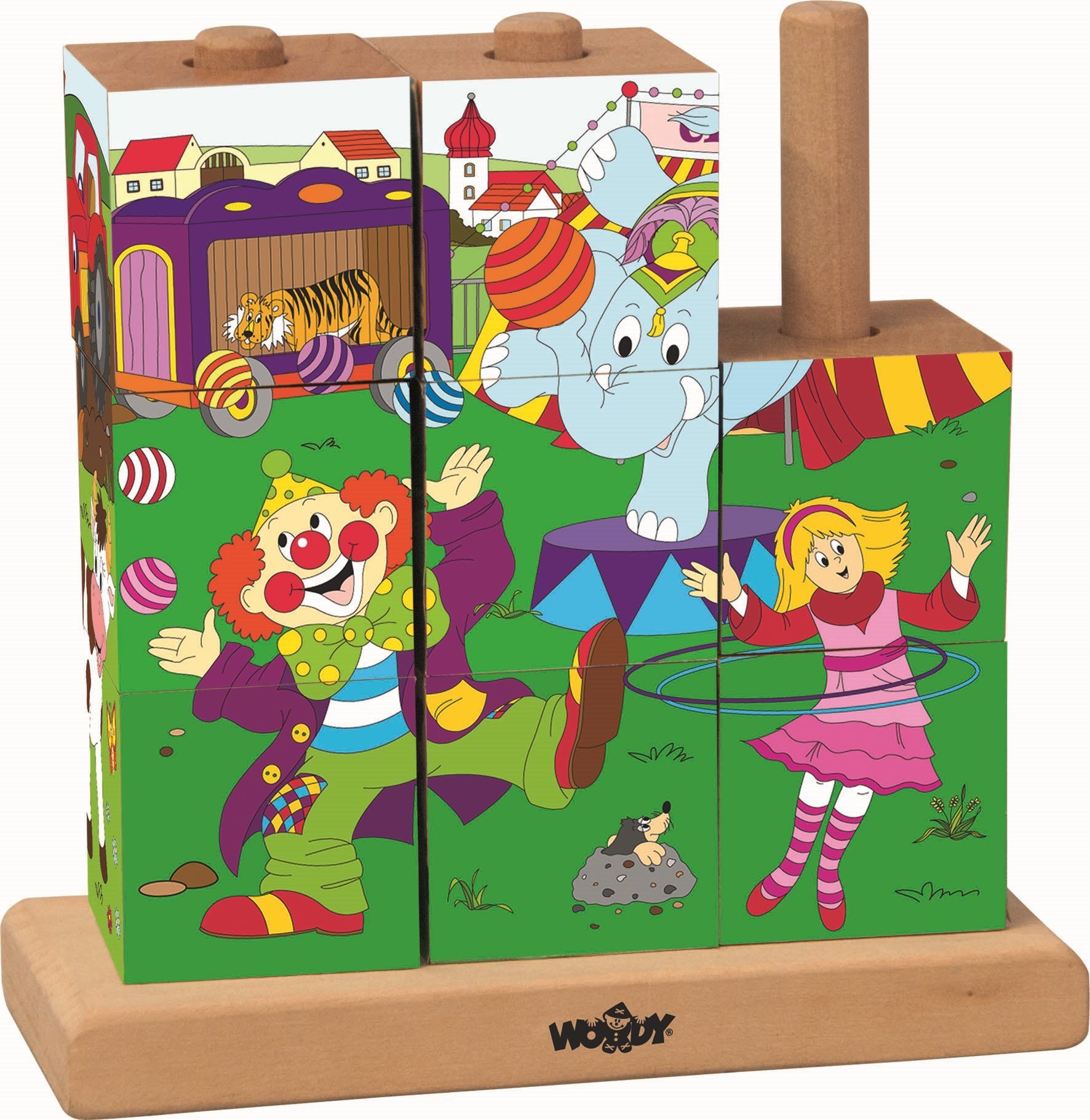 Woodyland Würfelpuzzle 93053 Holz Puzzle Cubes / Würfelpuzzle mit 4 Motiven -Thema Zirkus, Puzzleteile, 4-seitig bespielbar