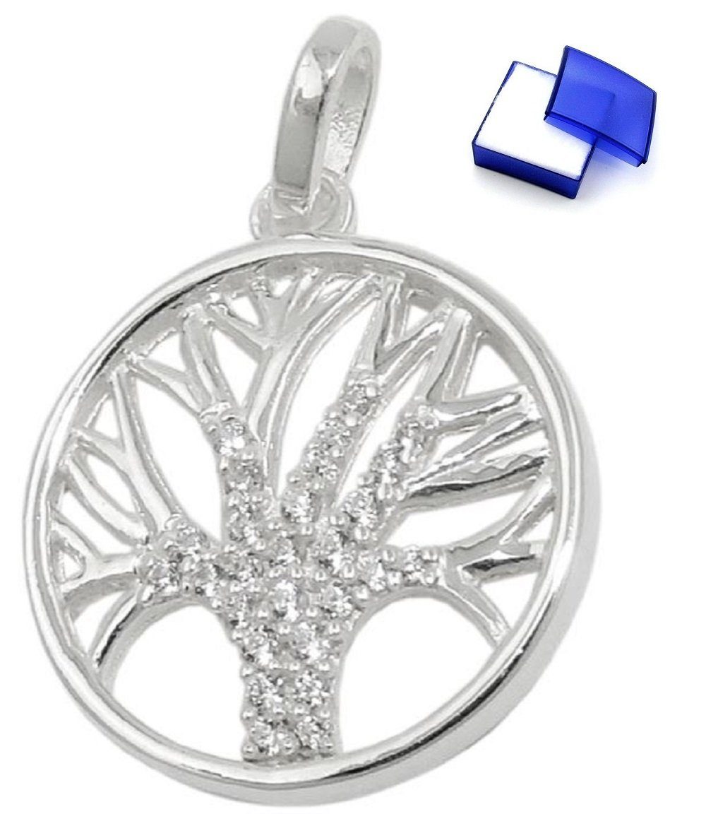 unbespielt Kettenanhänger Anhänger Baum des Lebens mit Zirkonias 925 Silber 15 mm kl. Schmuckbox, Silberschmuck für Damen und Herren