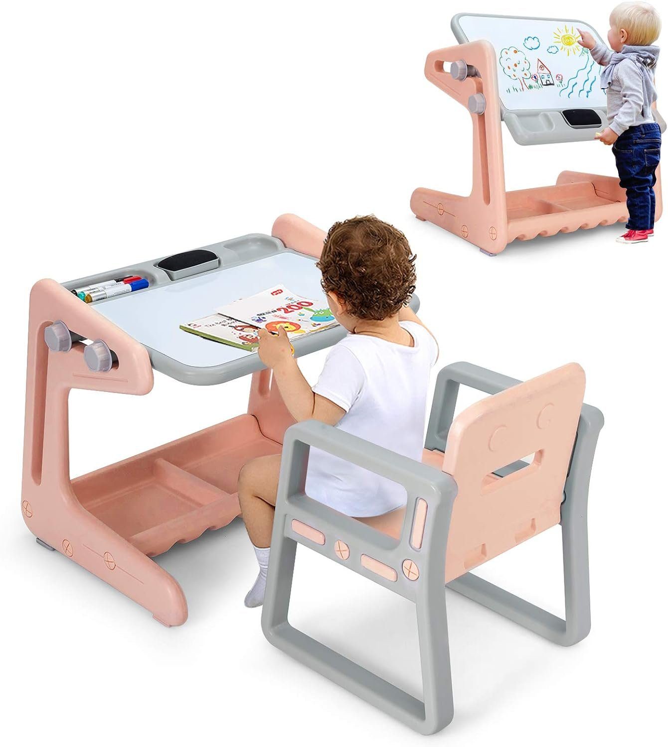 KOMFOTTEU Kinderschreibtisch mit Stuhl mit Zeichentisch Stauraum, (2-St), rosa verstellbarer