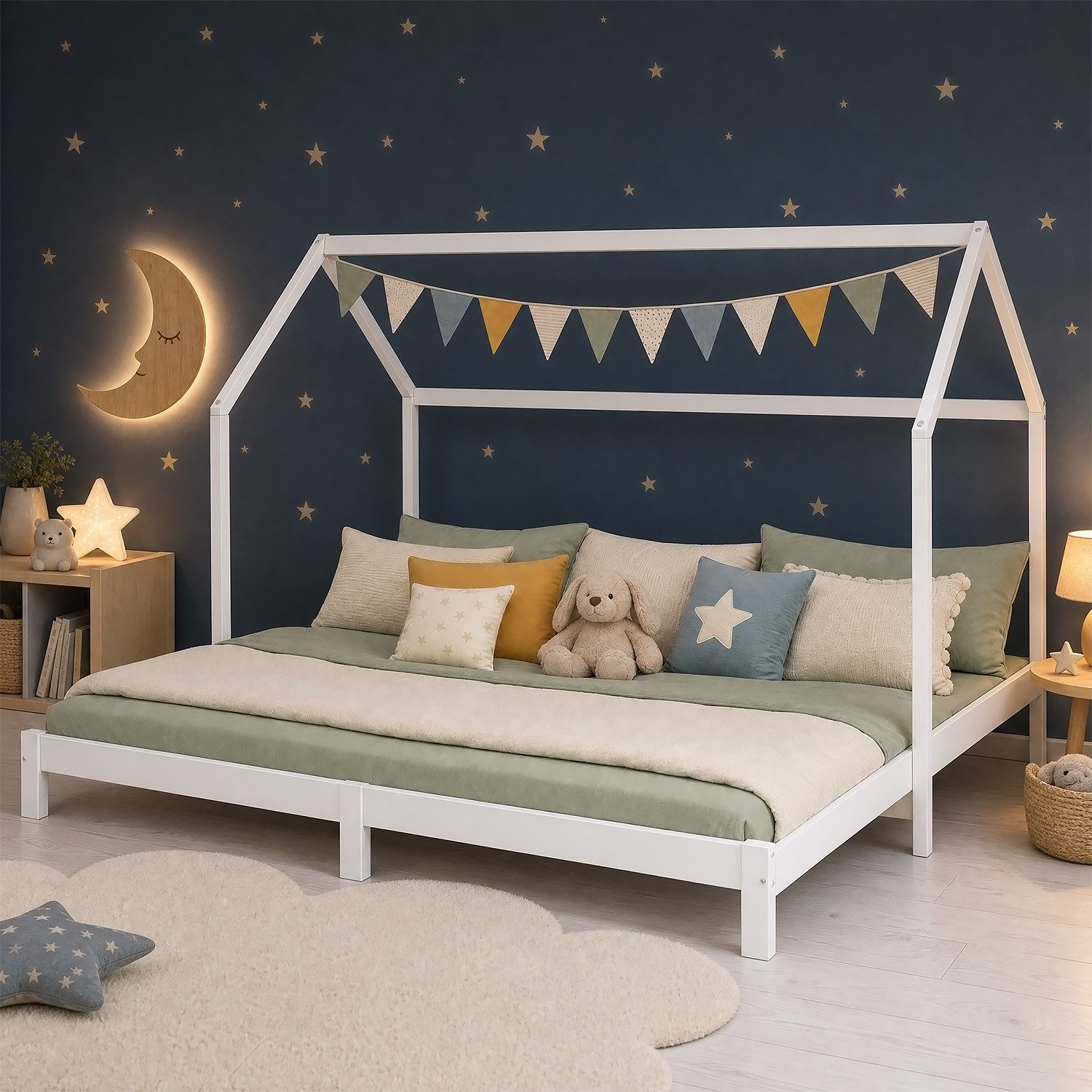 Homestyle4u Kinderbett Familienbett 90x200 187x200 mit / ohne Matratze Hausbett Montessori (Spar-Set, mit Lattenrost), ebene Liegefläche zum Kuscheln, Stillen und gemeinsamen Einschlafen
