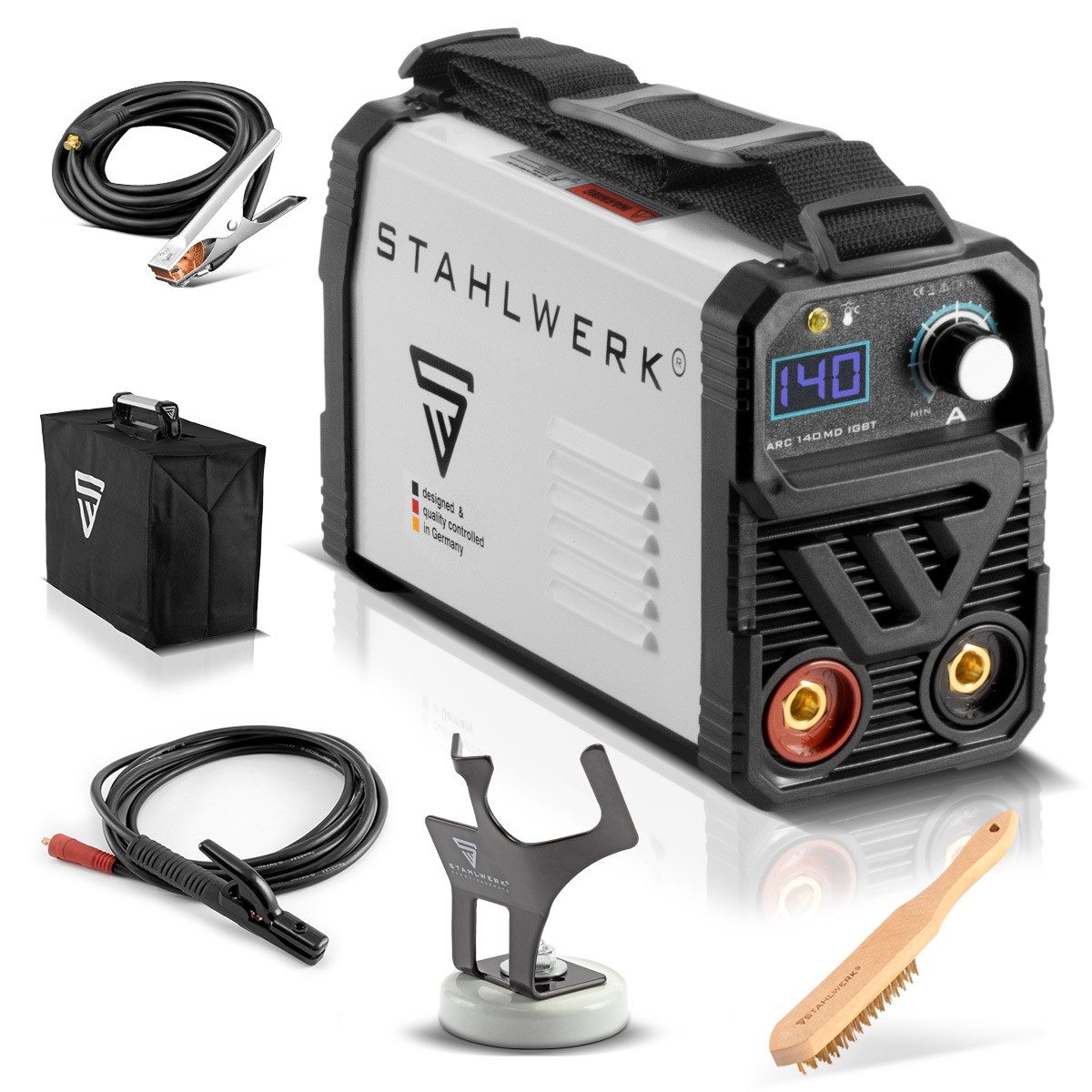 STAHLWERK Elektroschweißgerät ARC 140 MD Schweißgerät - DC MMA, E-Hand, 30 - 140 A, Set, 5-tlg., Lift-TIG Inverter mit 140 Ampere, IGBT Technologie und Single-Board