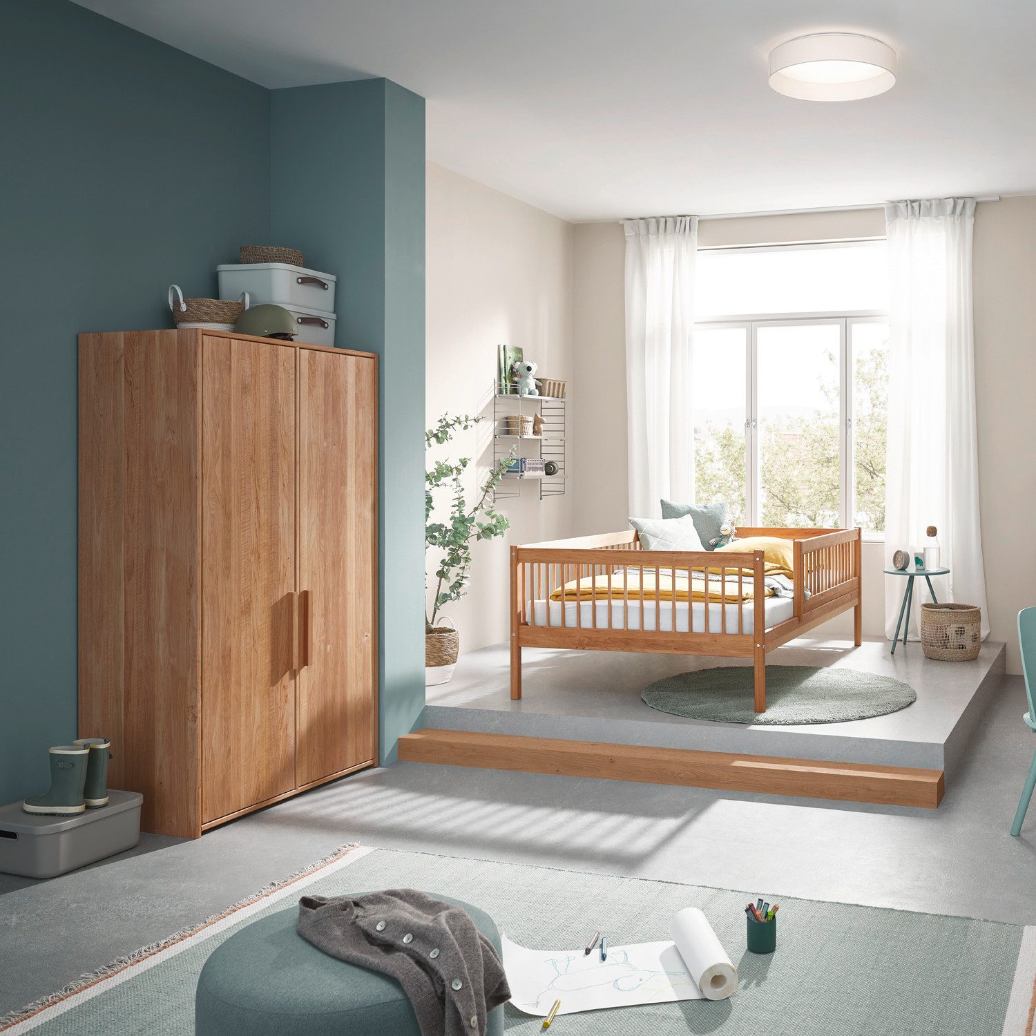 Kinderbett Bodenbett Cavo (Erle, geölte, weiße oder olive Oberfläche), Bodenbett zum Kinderbett umbaubar