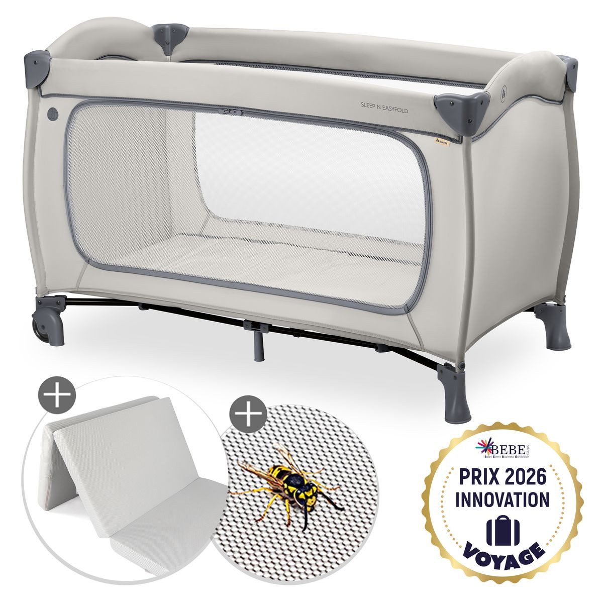 Hauck Baby-Reisebett Sleep N Easyfold Set - Dark Grey, Baby Kinder Reisebett mit Matratze, Insektenschutz, Tasche & Rollen