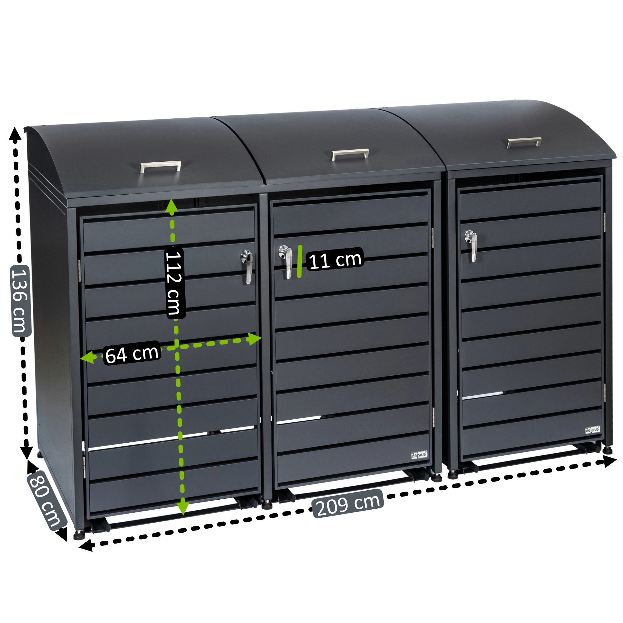 Zelsius Mülltonnenbox Mülltonnenkasten mit abgerundetem Deckel für drei 120 - 240 Liter (Set, 2 Boxen)