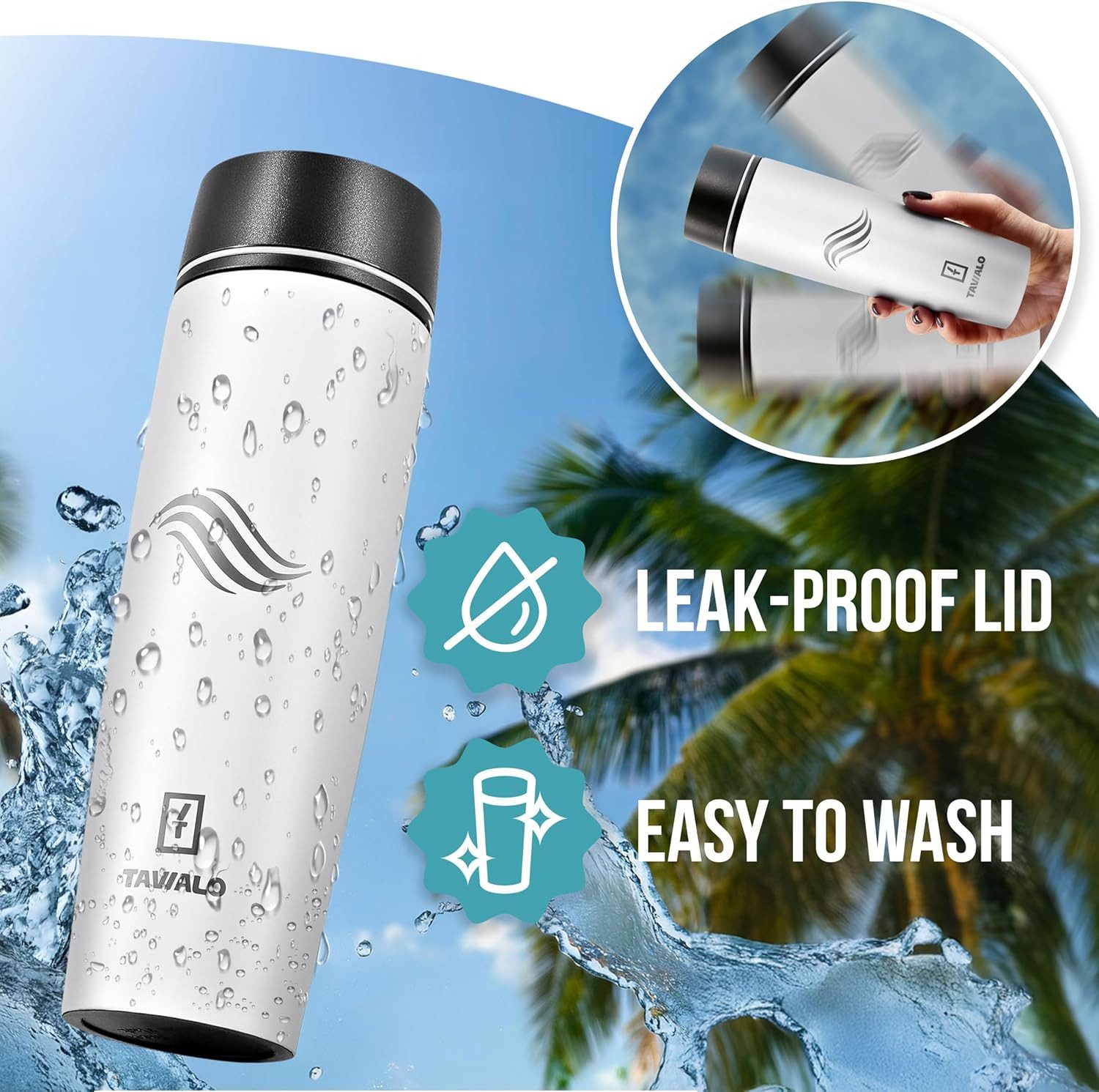TAVIALO Isolierflasche 460ml schneeweiß matt Inox Edelstahl, Pulverbeschichtung, Kaffeebecher, ideal für Reisen, Schule, Camping, Wanderungen, beim Sport