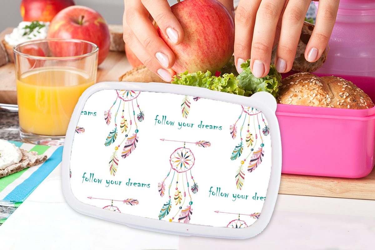 Snackbox, - Traumfänger Brotdose - Mädchen, MuchoWow (2-tlg), Kunststoff Federn Kinder, Brotbox Kunststoff, rosa Träume Lunchbox Erwachsene, - für Regenbogen,