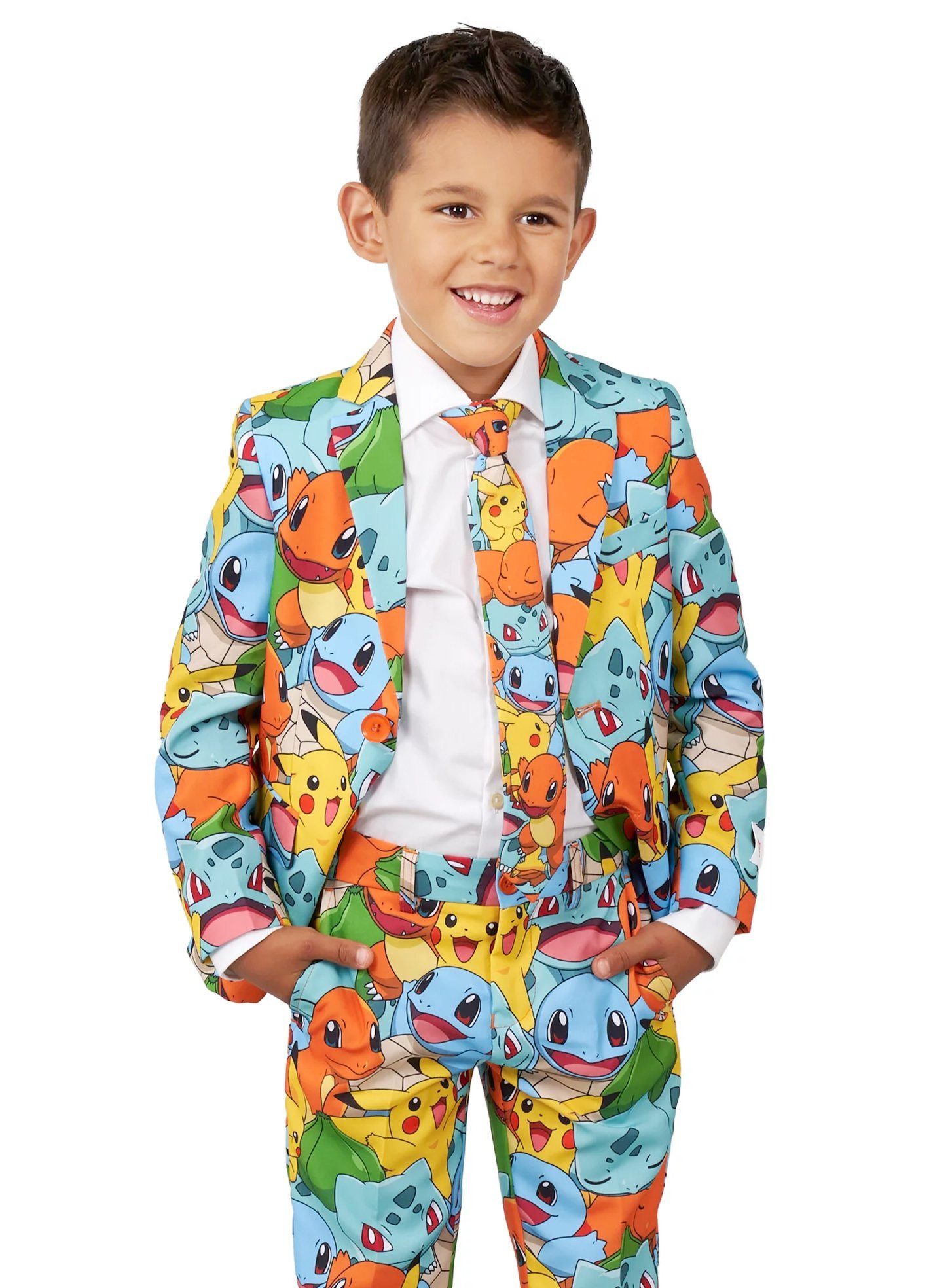 Opposuits Partyanzug Boys Pokémon - Kostüm Anzug für Karneval Halloween, Knallbunter Pokémon-Anzug mit Pikachu & Co.
