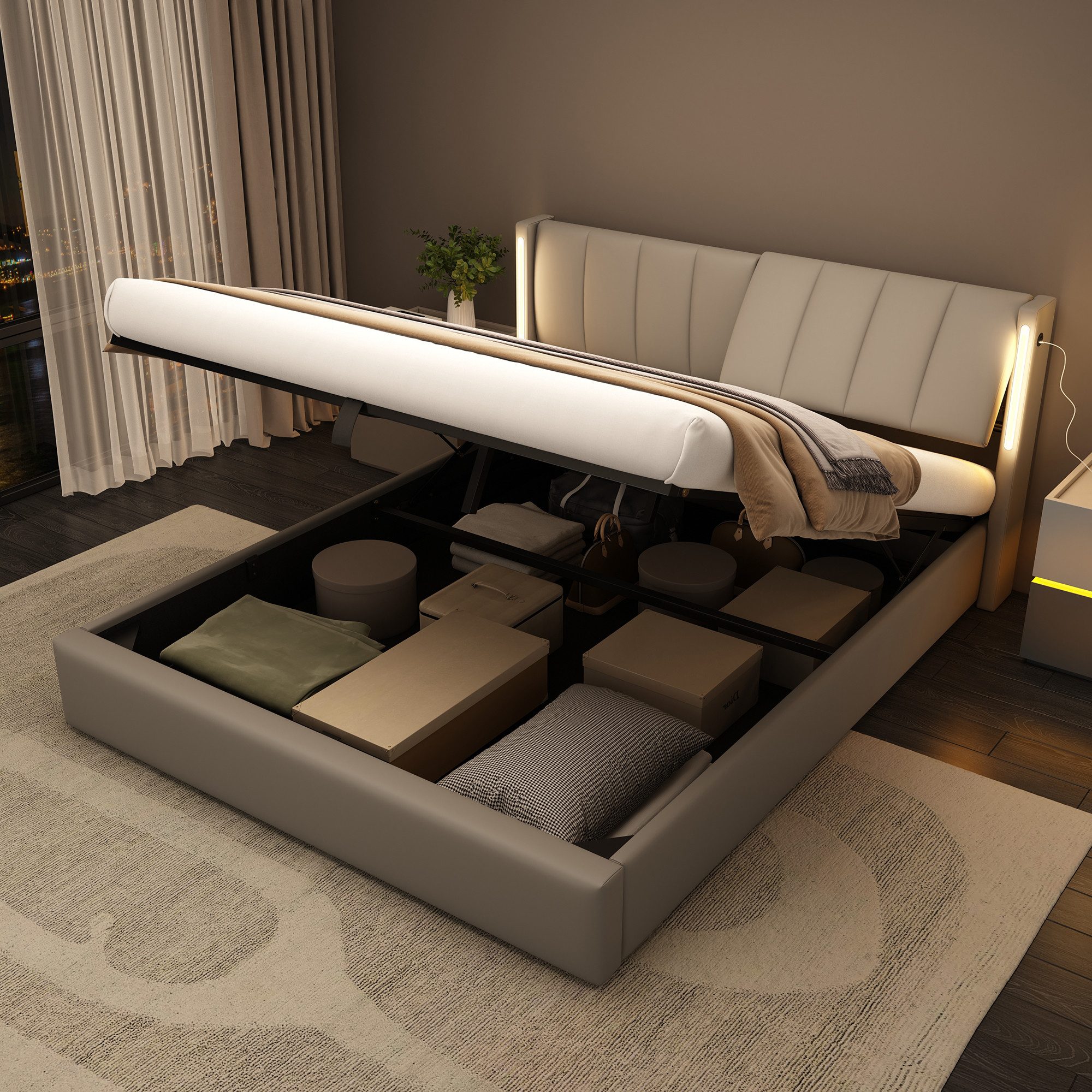 Flieks Polsterbett, LED Stauraumbett Doppelbett mit USB/ Verstellbarem Kopf günstig online kaufen