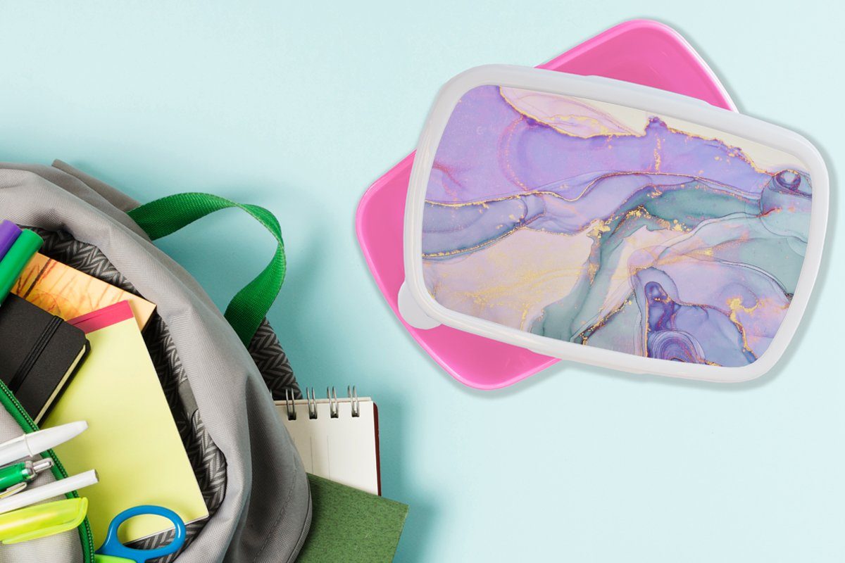 Lila, - Erwachsene, - Kunststoff Mädchen, rosa MuchoWow Lunchbox Brotbox Brotdose Marmor Snackbox, für Kunststoff, Kinder, (2-tlg), Gold