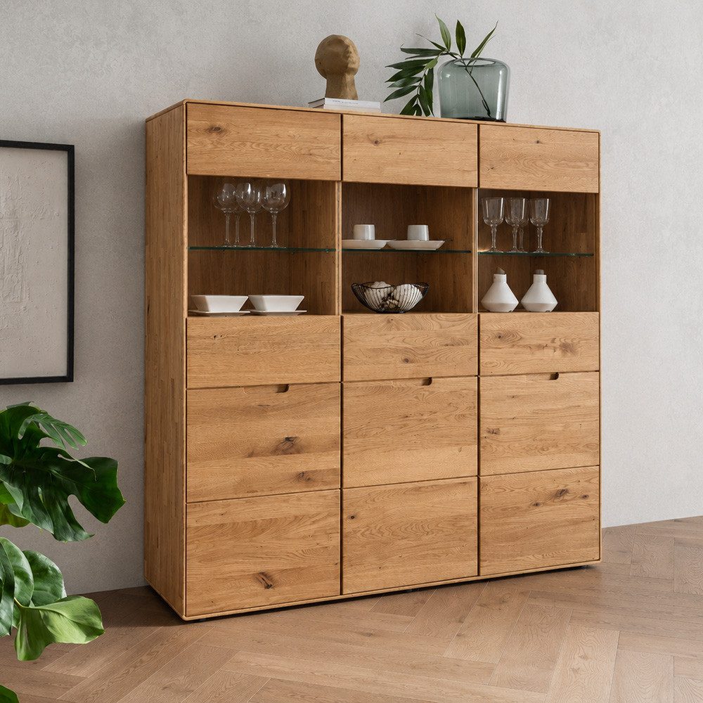 Lomadox Highboard WISLA-69, Massiv Wildeiche geölt, 149 cm, Griffeinfräsung, Softclose, montiert