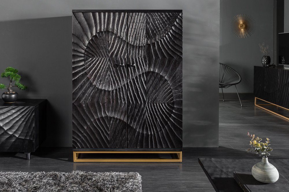 Schnitzereien (Einzelartikel, 1-St) riess-ambiente Massivholz Barschrank schwarz / Metall 141cm · gold · 3D Wohnzimmer · SCORPION