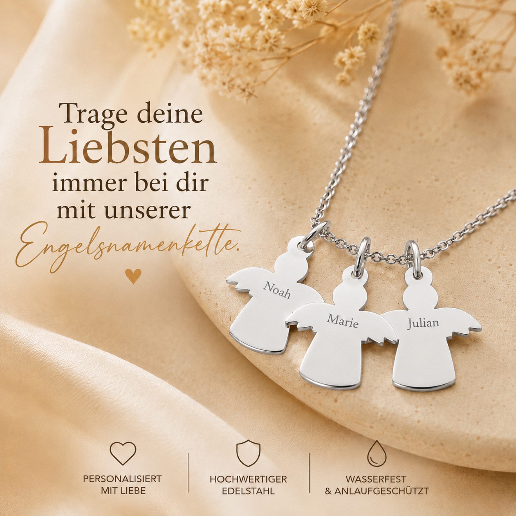 BS Schmuckdesign Kette mit Anhänger mit Gravur Namenskette Engelkette personalisierte Kette mit Namen Edelstahl (inkl. Gravur), personalisiert inkl. Geschenkbox