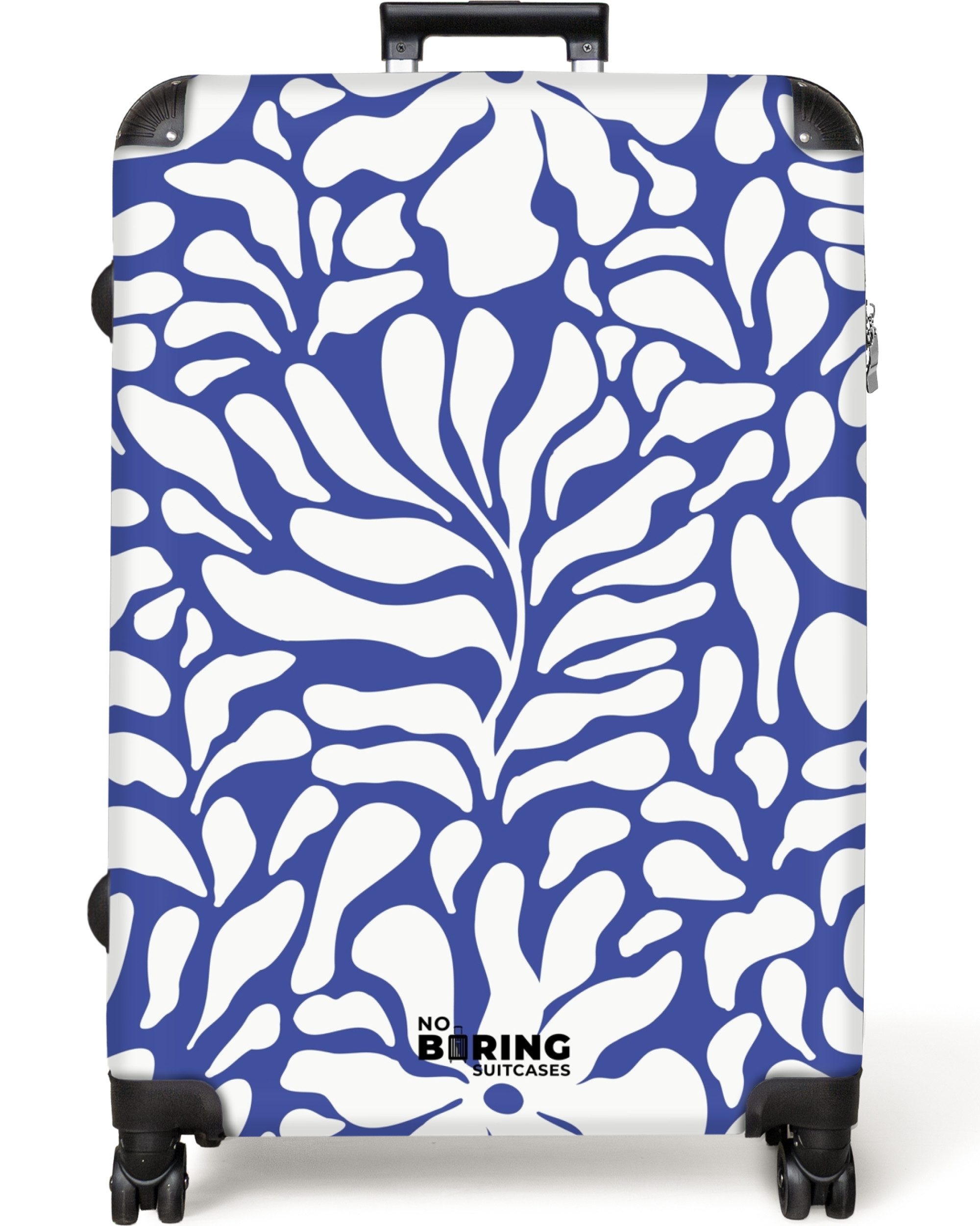 NoBoringSuitcases.com© Hartschalen-Trolley Blau mit weißen Blumen günstig online kaufen