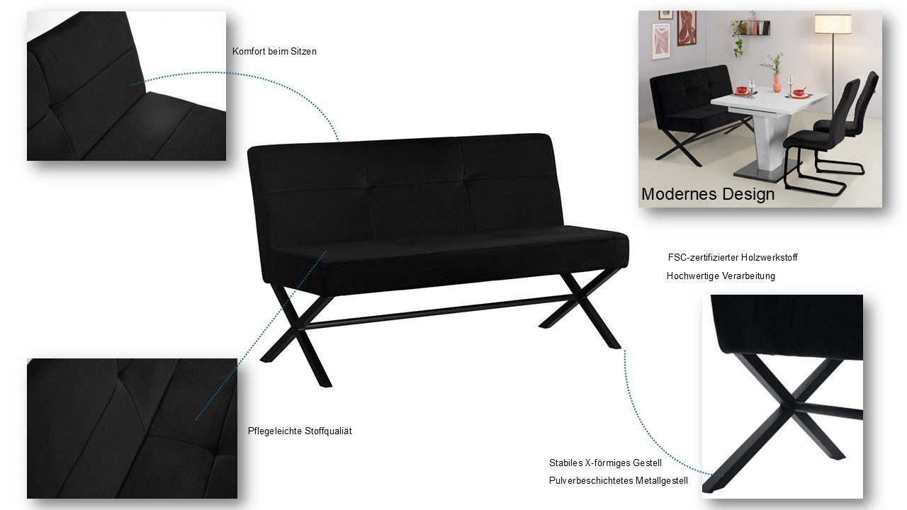OTTO home Polsterbank Narzisse (Esszimmerbank, Bank, Sitzbank), X-Gestell aus schwarzen Metall, pflegeleichter Samtvelours, 140 cm